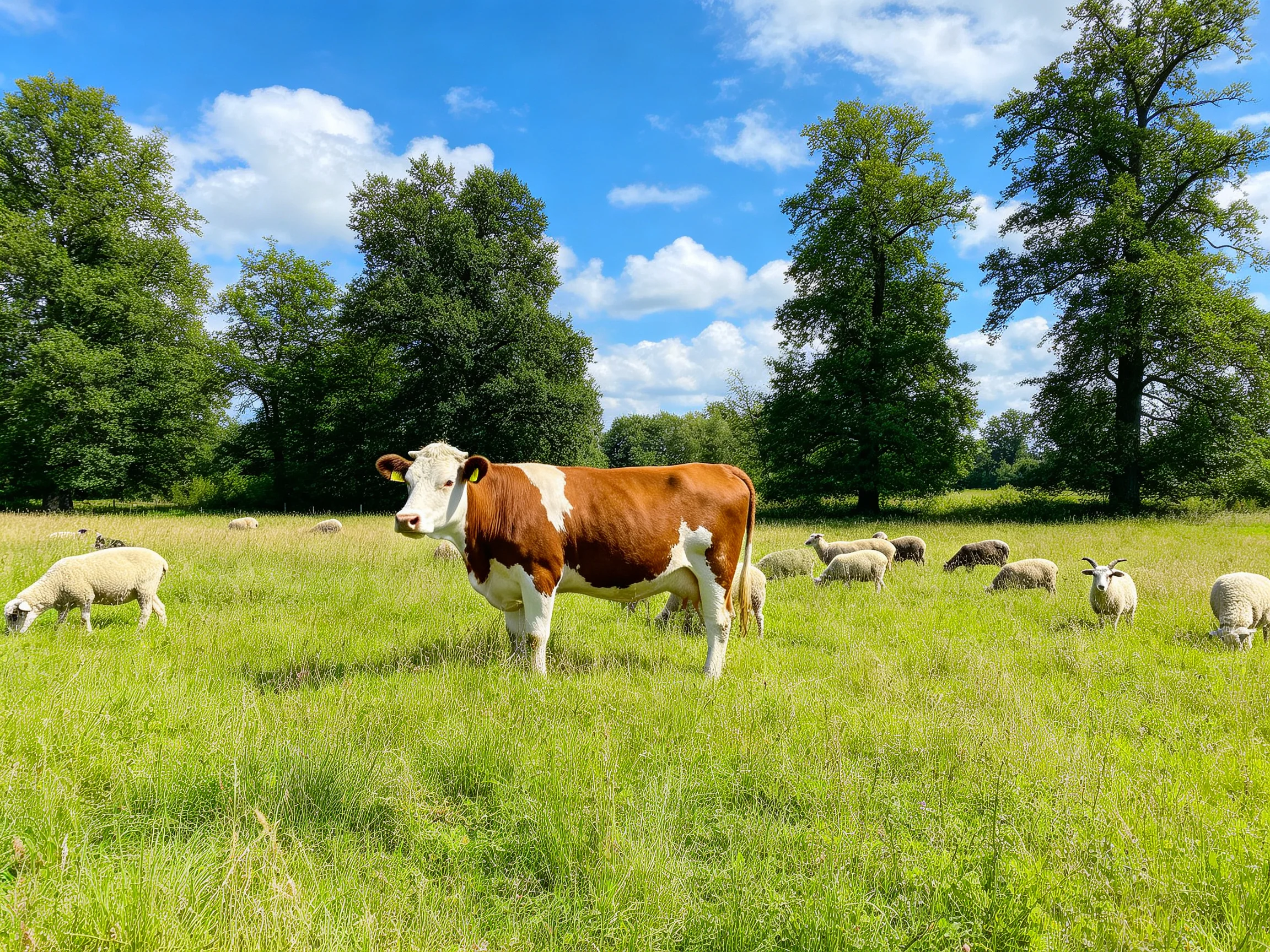 A brown-and-white cow among sheep in a lush green meadow with tall trees