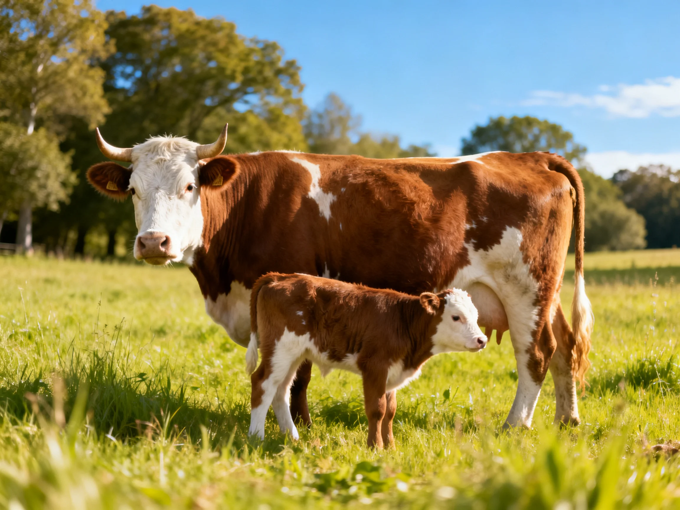A brown-and-white cow and her calf graze in a sunny green pasture