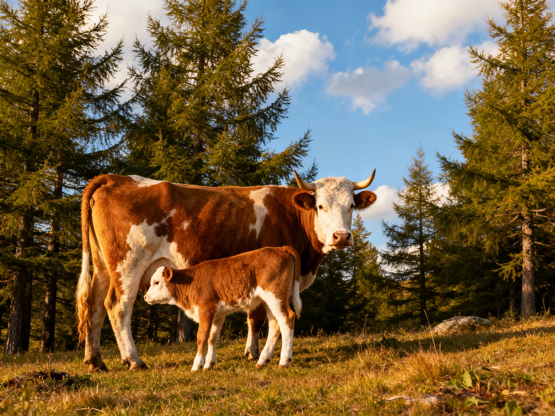 A mother cow and her calf stand together among tall evergreen trees.