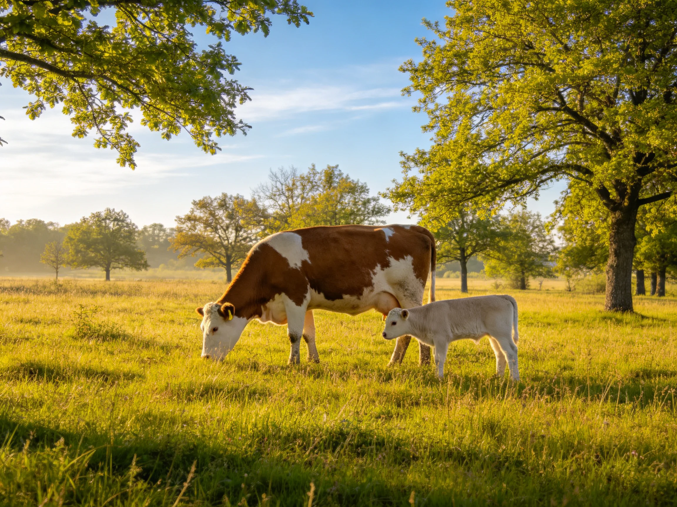 Two cows graze in a sunlit meadow with tall trees