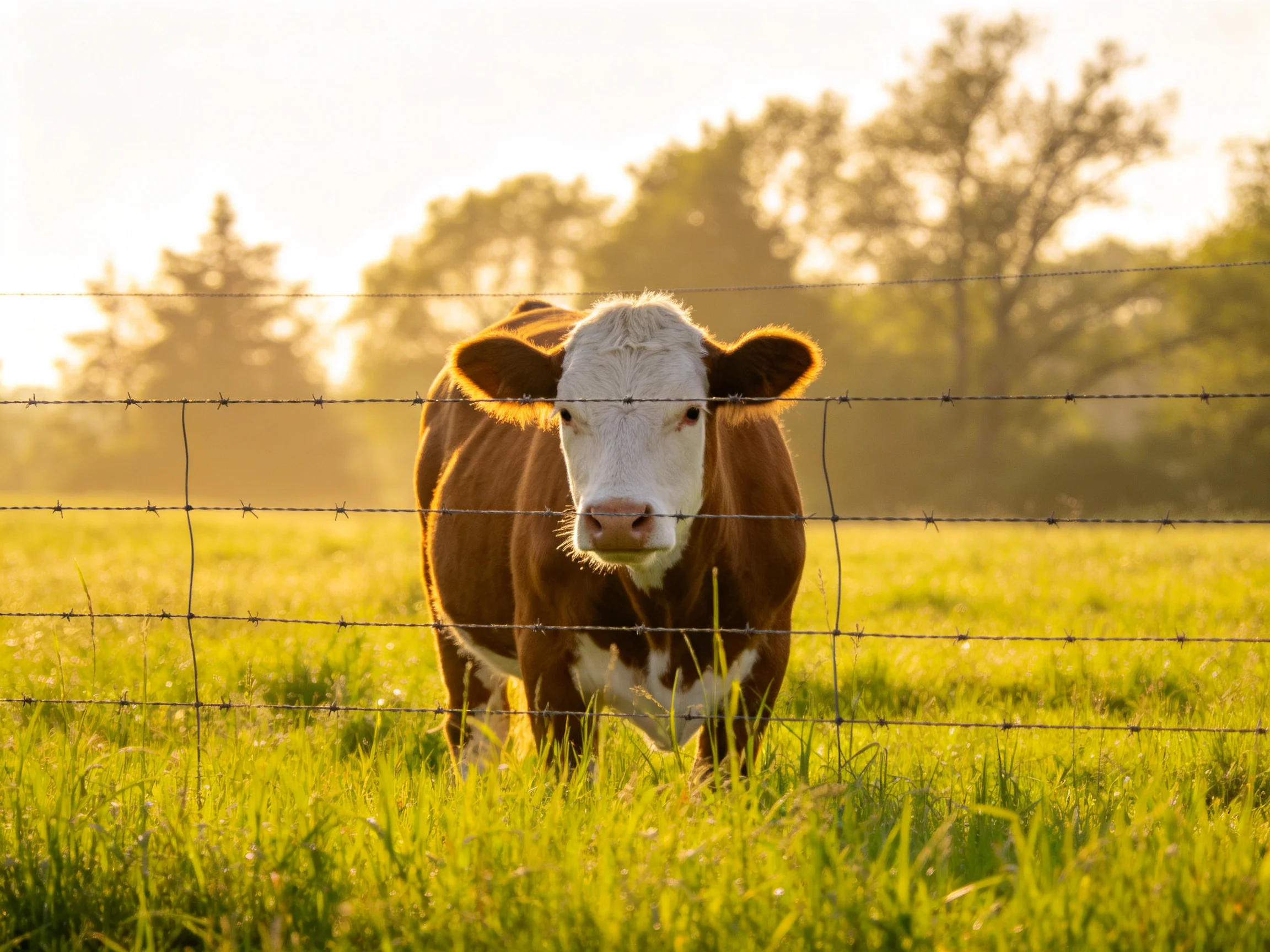 A brown and white cow behind a barbed wire fence in a sunlit meadow