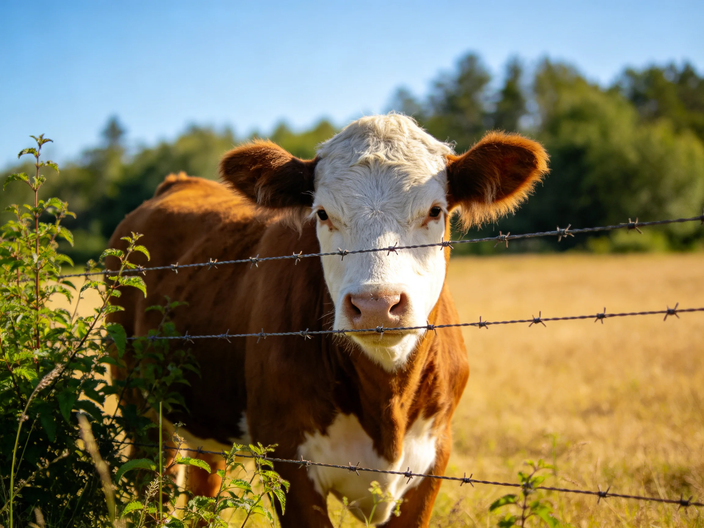 A brown and white cow behind barbed wire in a golden field