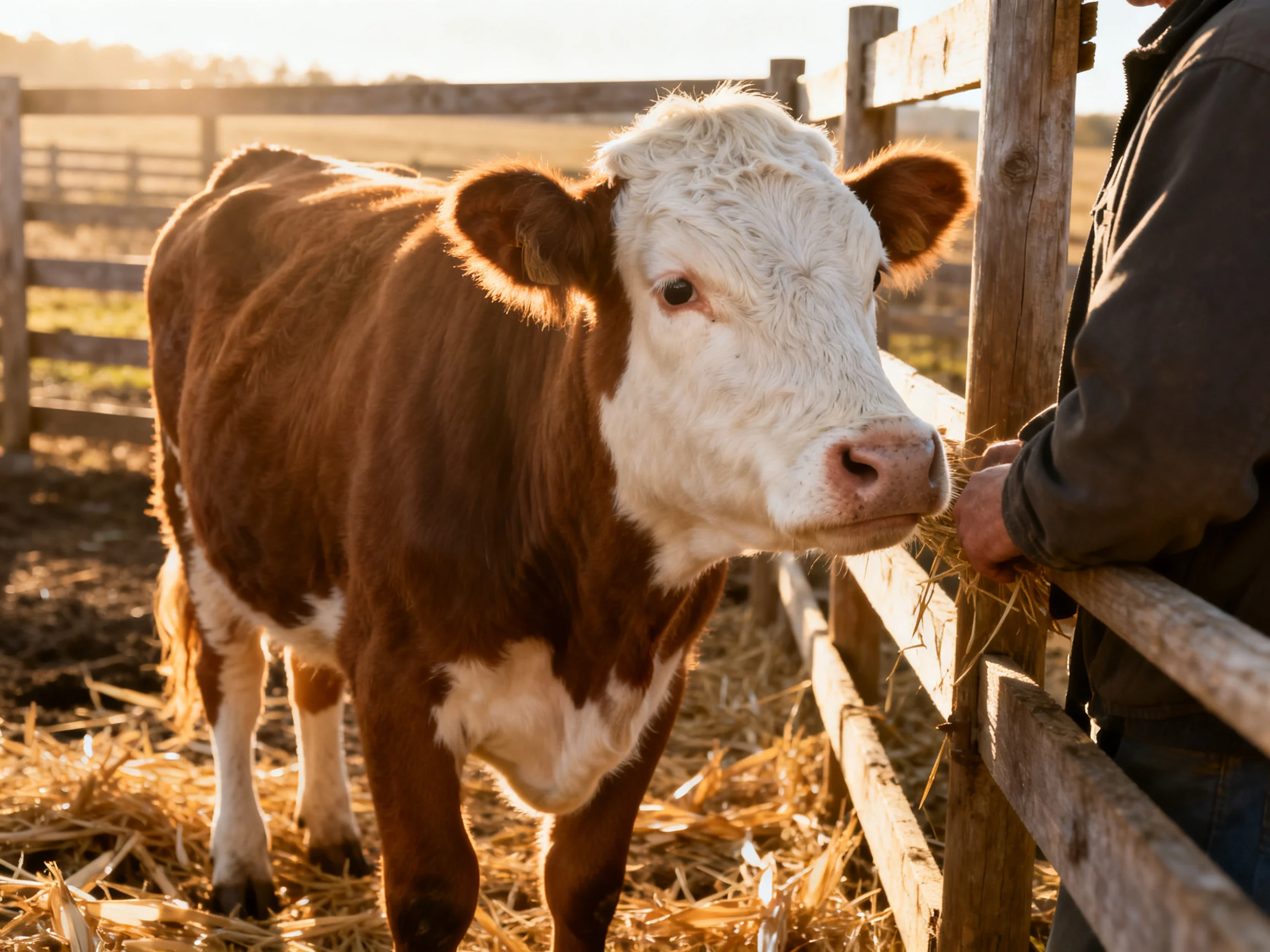 A brown and white cow being fed hay near a wooden fence