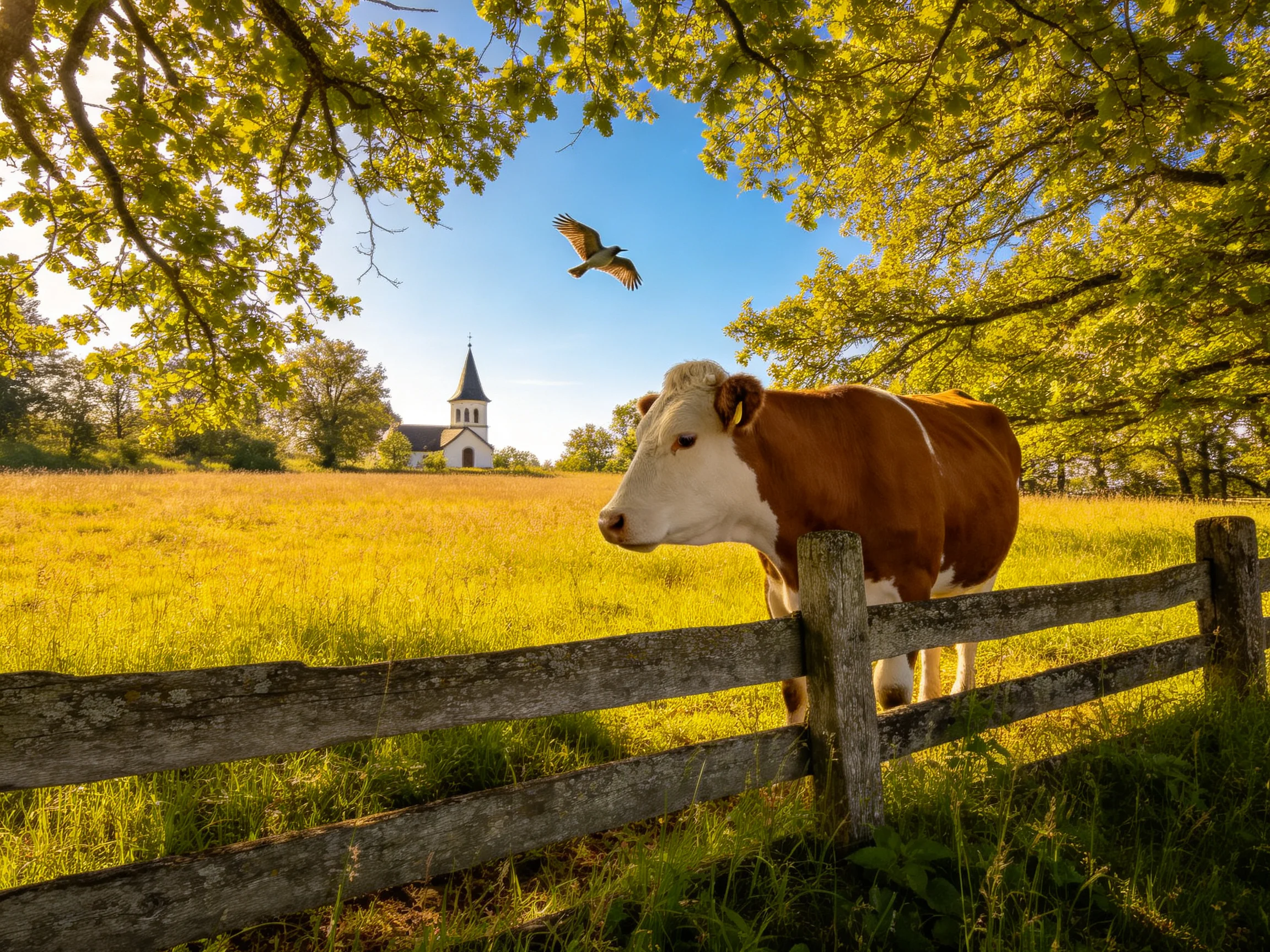 A brown-and-white cow by a rustic wooden fence with a church and soaring bird