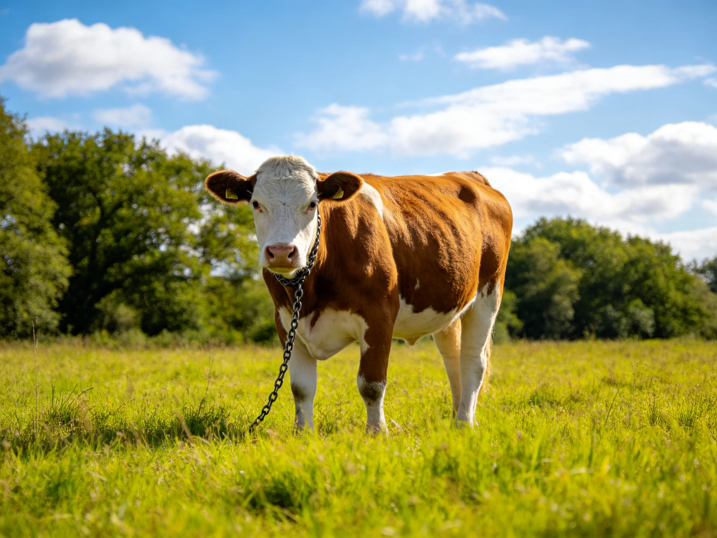 A brown and white cow chained in a sunny green pasture with trees