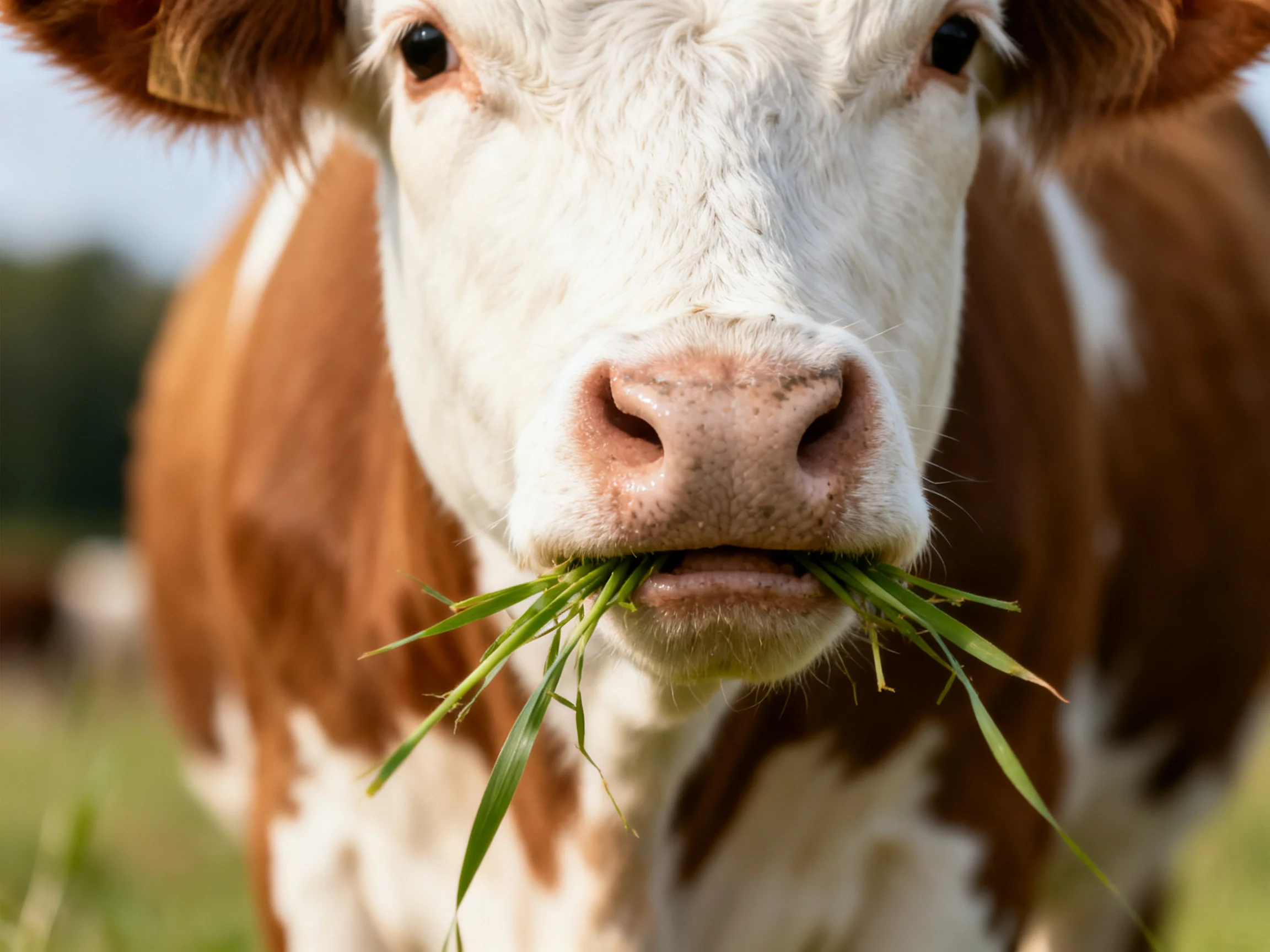 A brown and white cow chewing fresh green grass in an open field