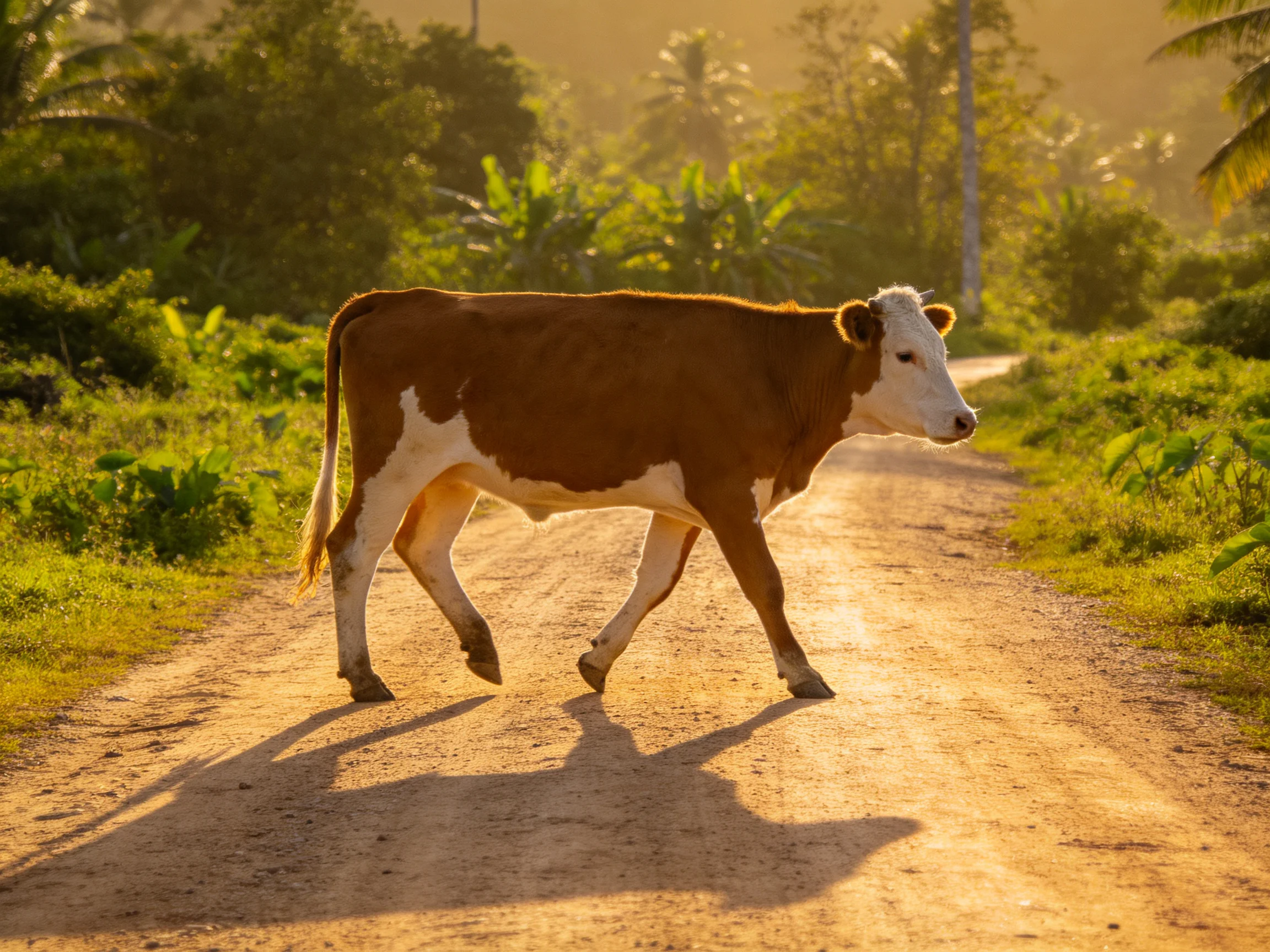 A brown and white cow crosses a sunlit dirt road surrounded by greenery