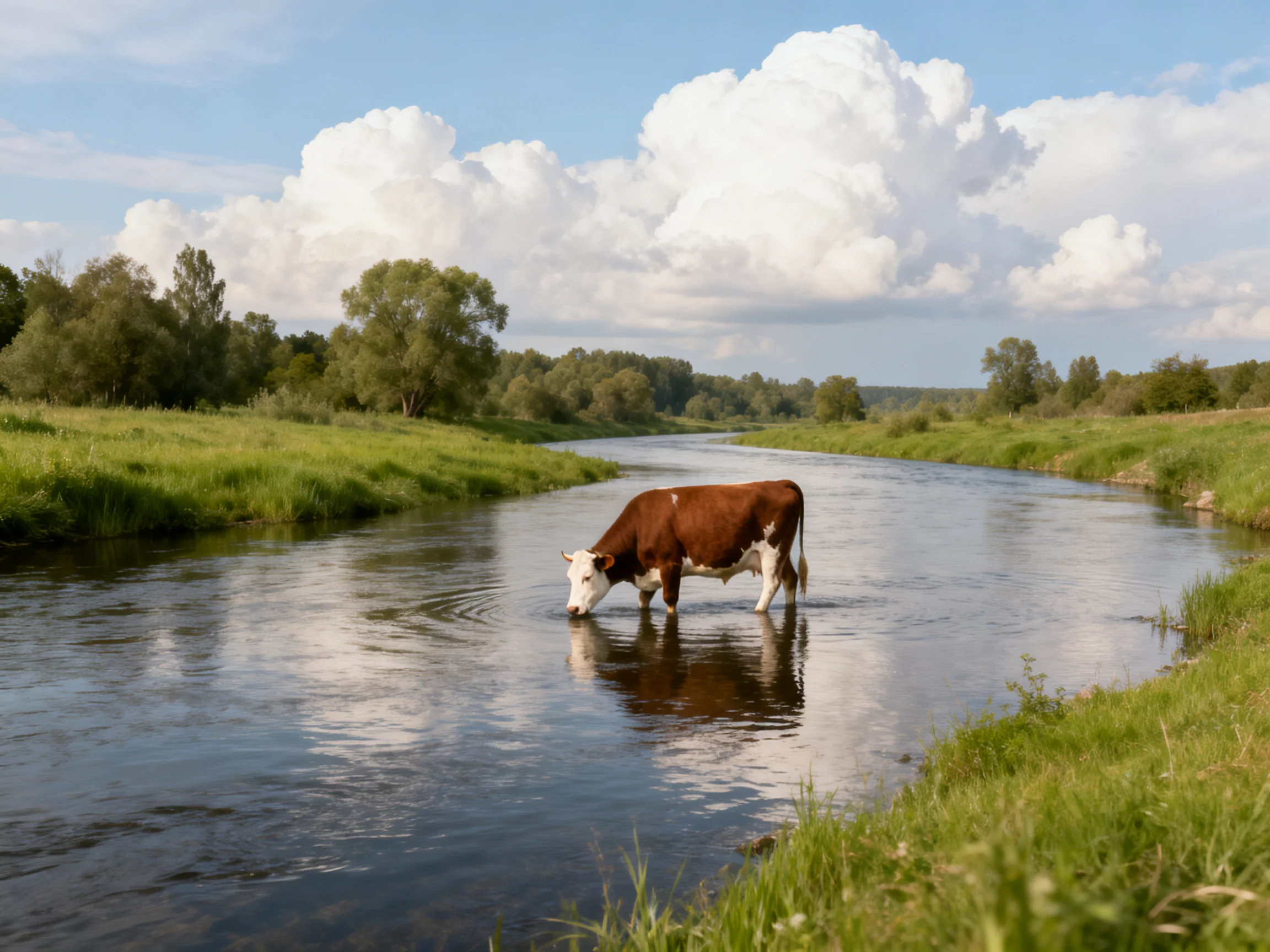 A brown and white cow drinks from a calm winding river with green banks