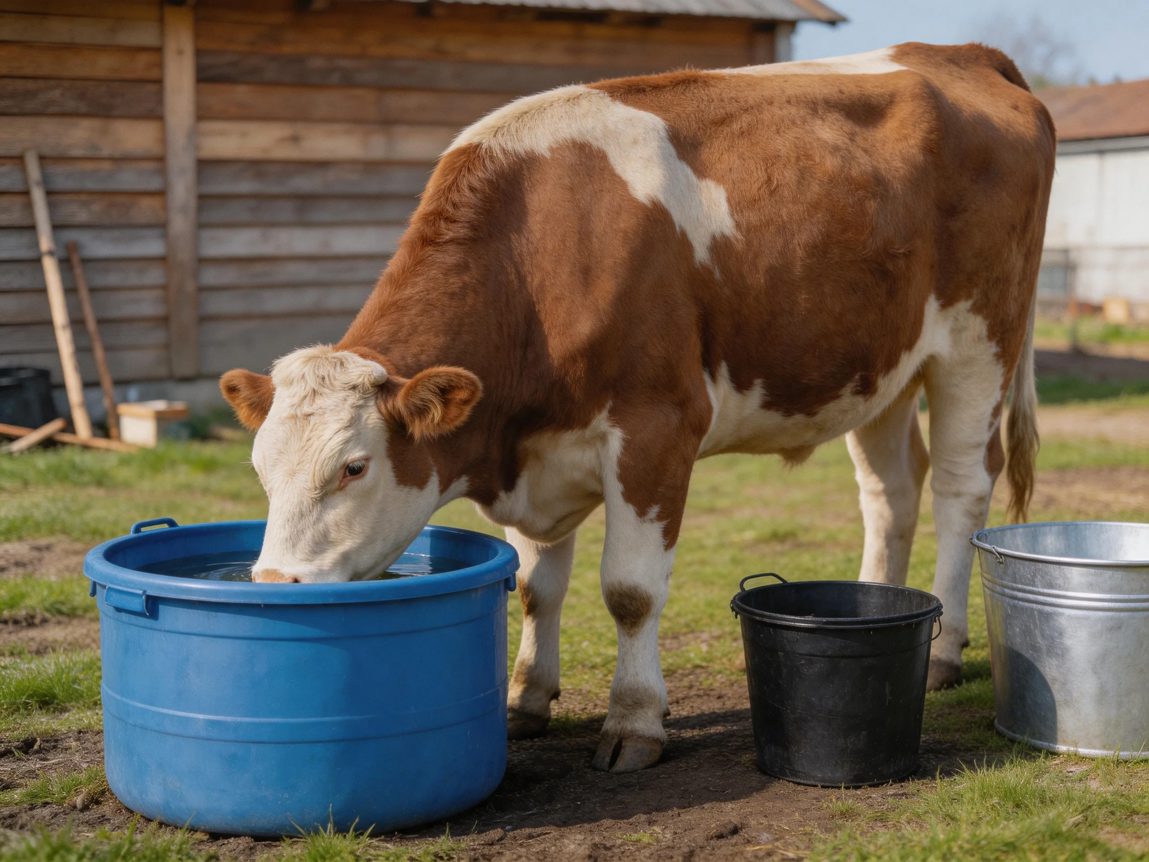 A brown and white cow drinks from a large blue container near black and silver buckets