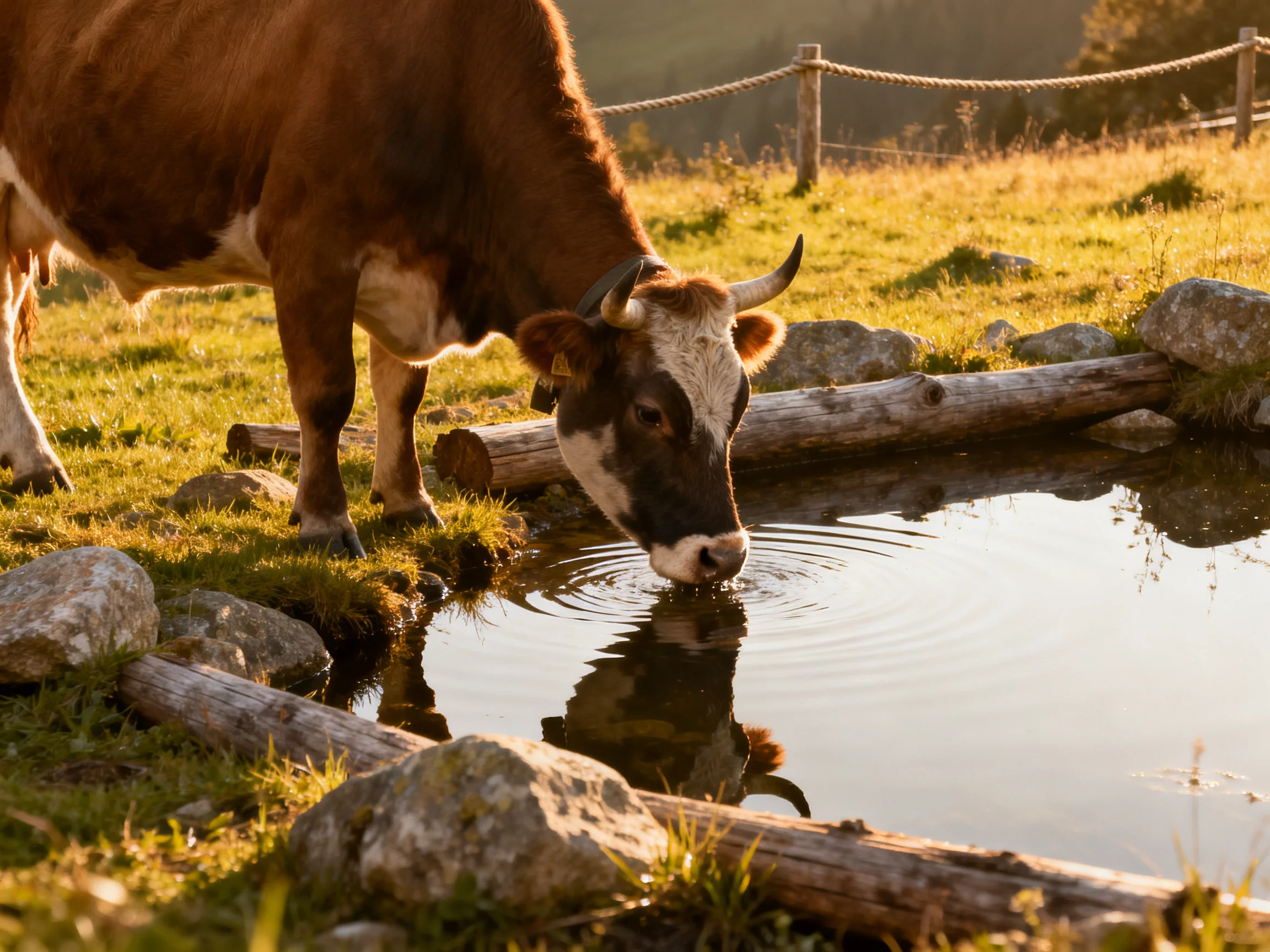 A brown and white cow drinks from a small pond surrounded by rocks