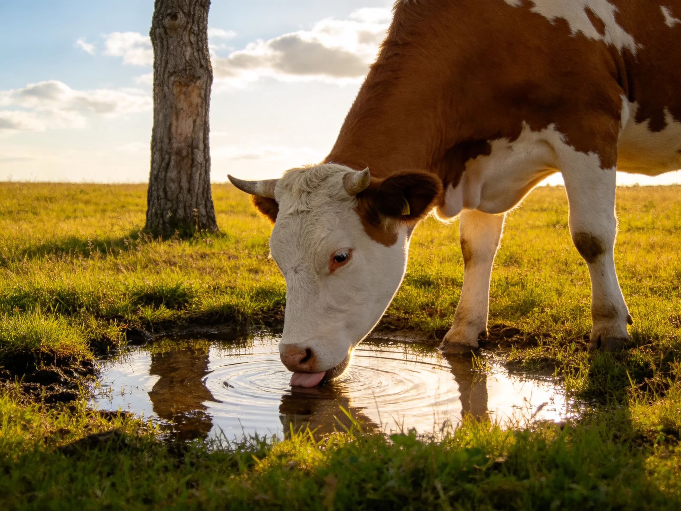 A brown and white cow drinks from a small puddle beside a tree in sunlit grassland