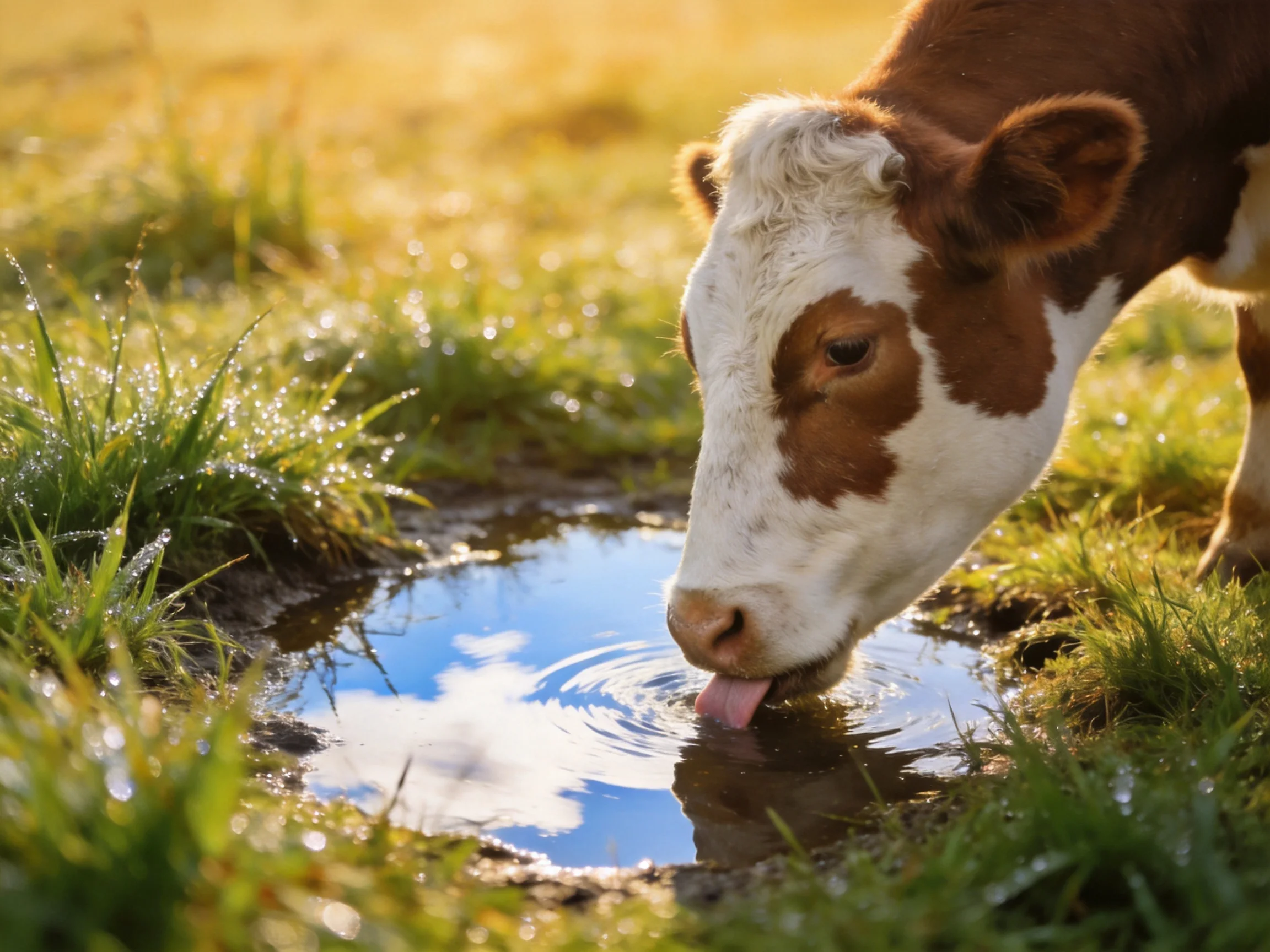 A brown and white cow drinks from a small water puddle in a sunlit meadow