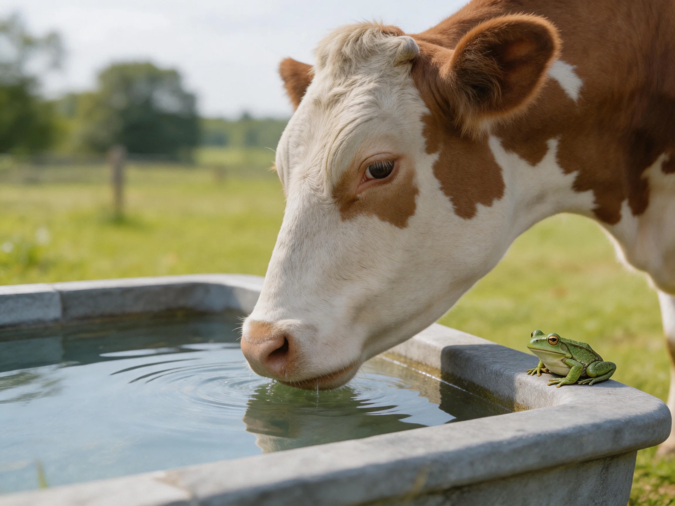 A brown-and-white cow drinks from a stone trough with a green frog