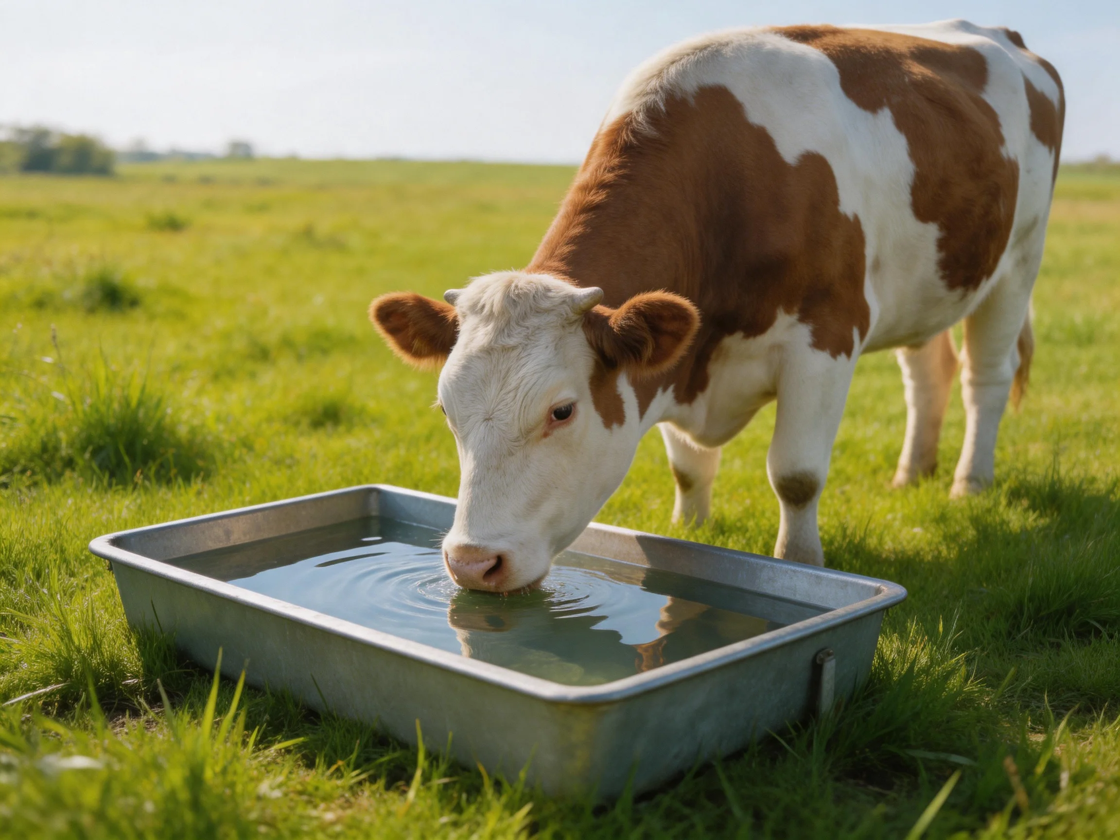 A brown and white cow drinks water from a metal trough in a green pasture