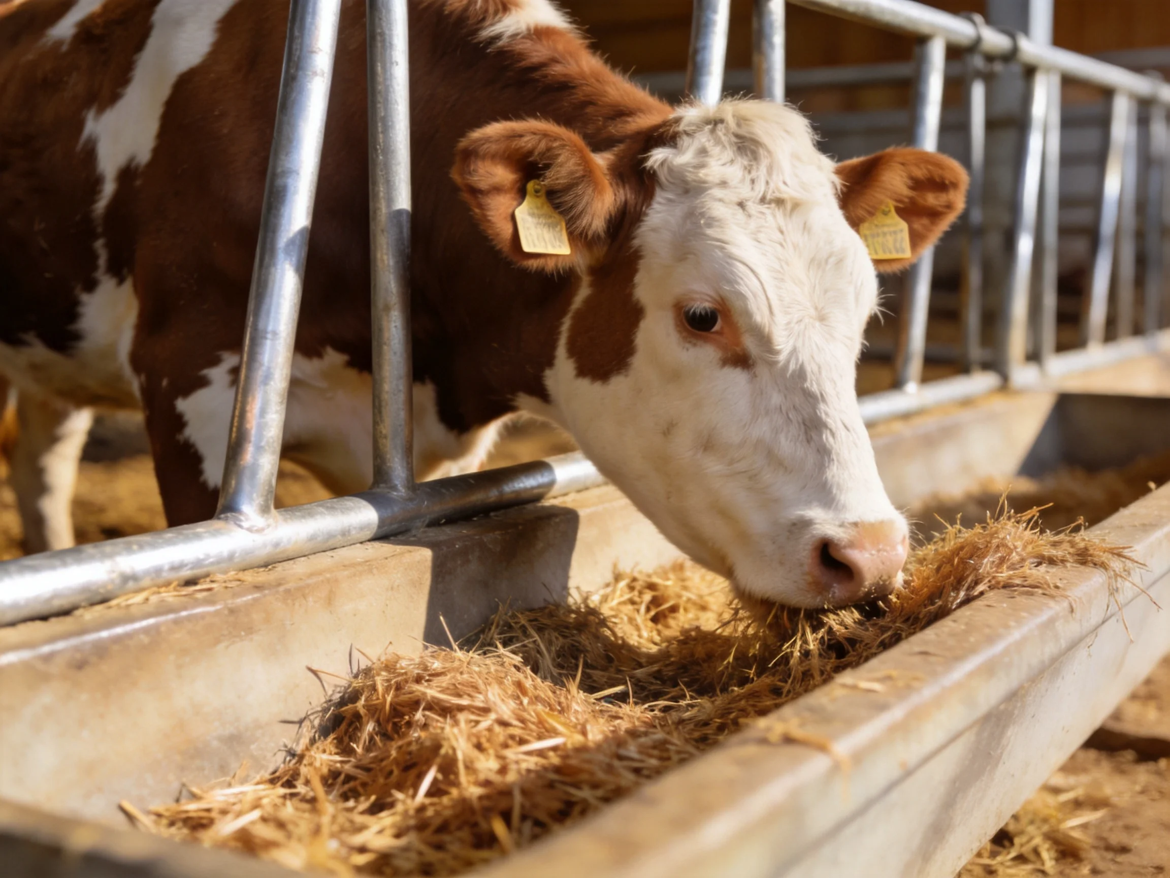 A brown and white cow eating hay from a metal feeding trough