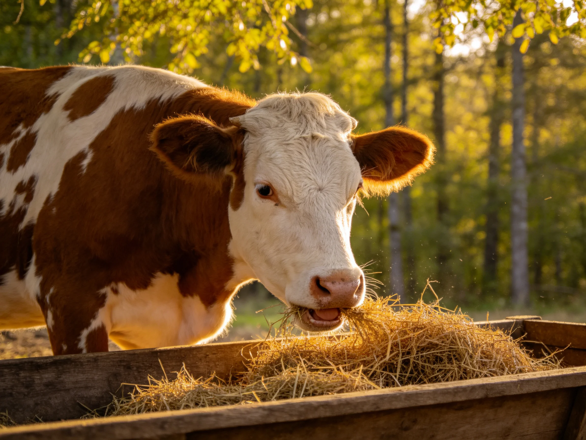 A brown and white cow eating hay from a wooden trough near trees