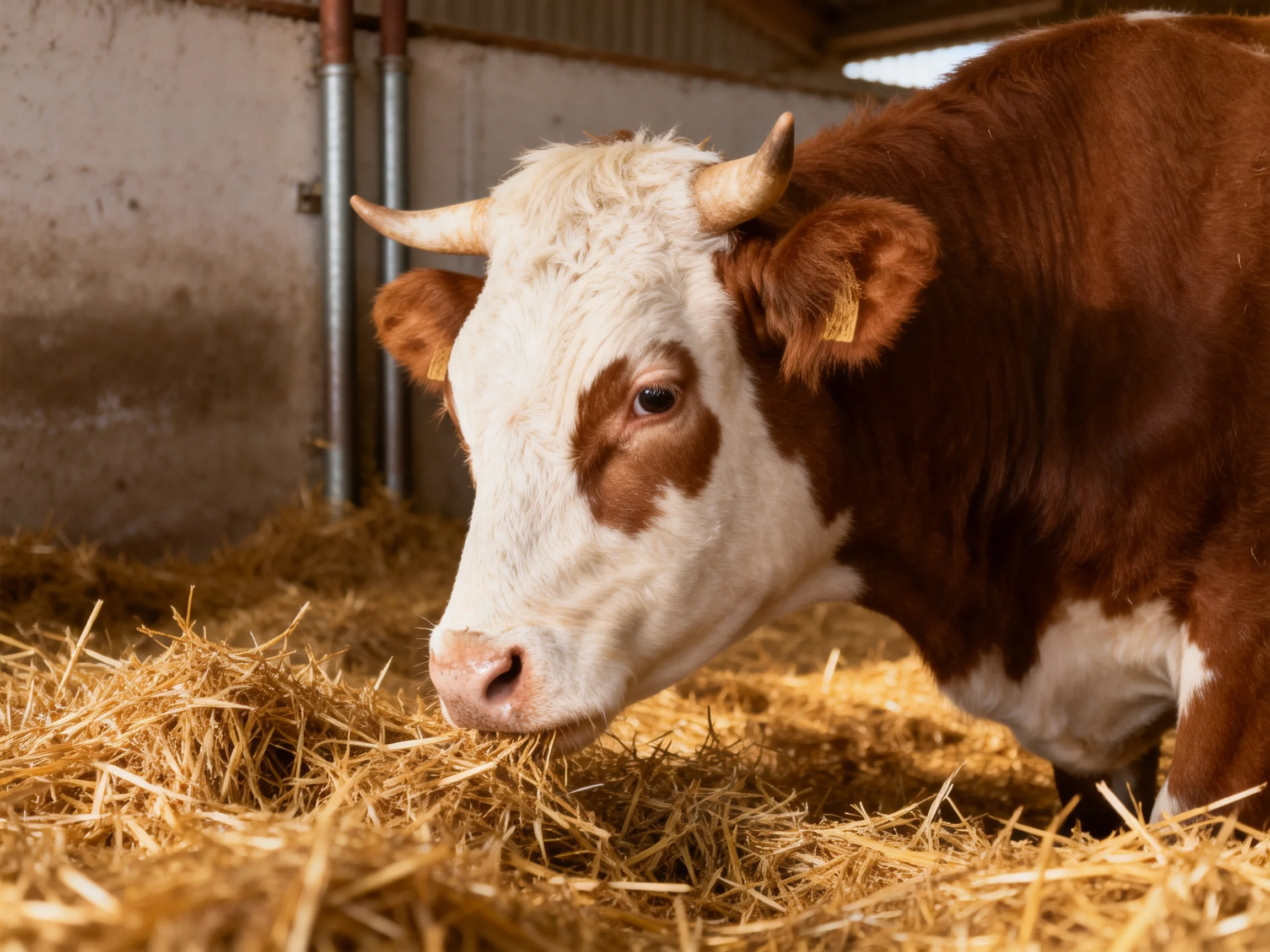 A brown and white cow eating hay inside a barn with metal pipes