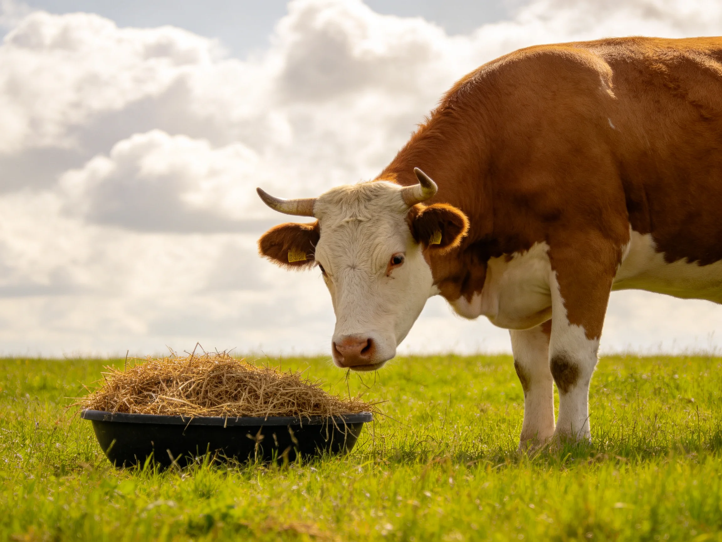 A brown and white cow eats hay from a black container in a green field