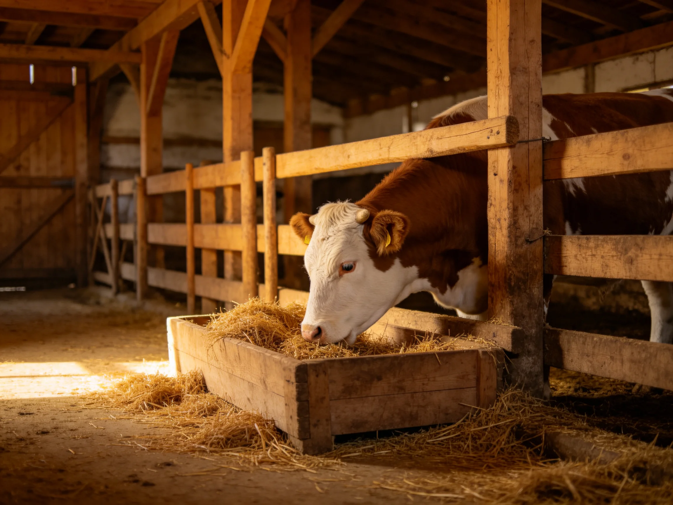 A brown and white cow eats hay from a wooden trough in a rustic barn