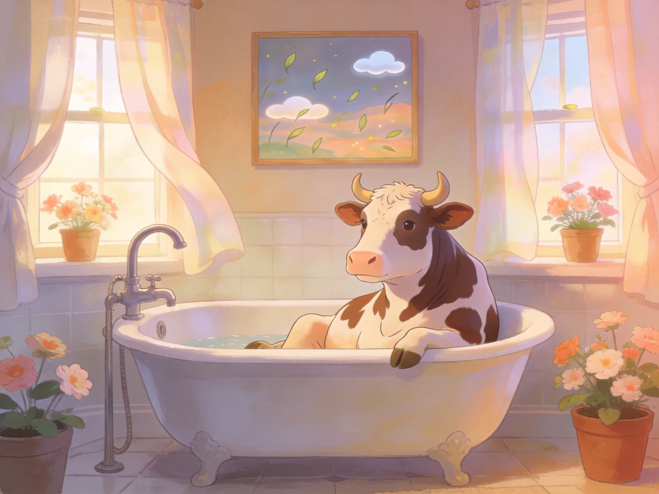 A brown-and-white cow enjoys a bath in a white clawfoot bathtub