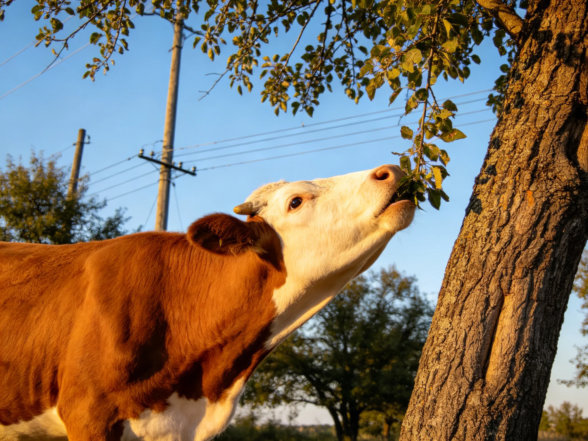 A brown and white cow feeding on leaves from a large tree