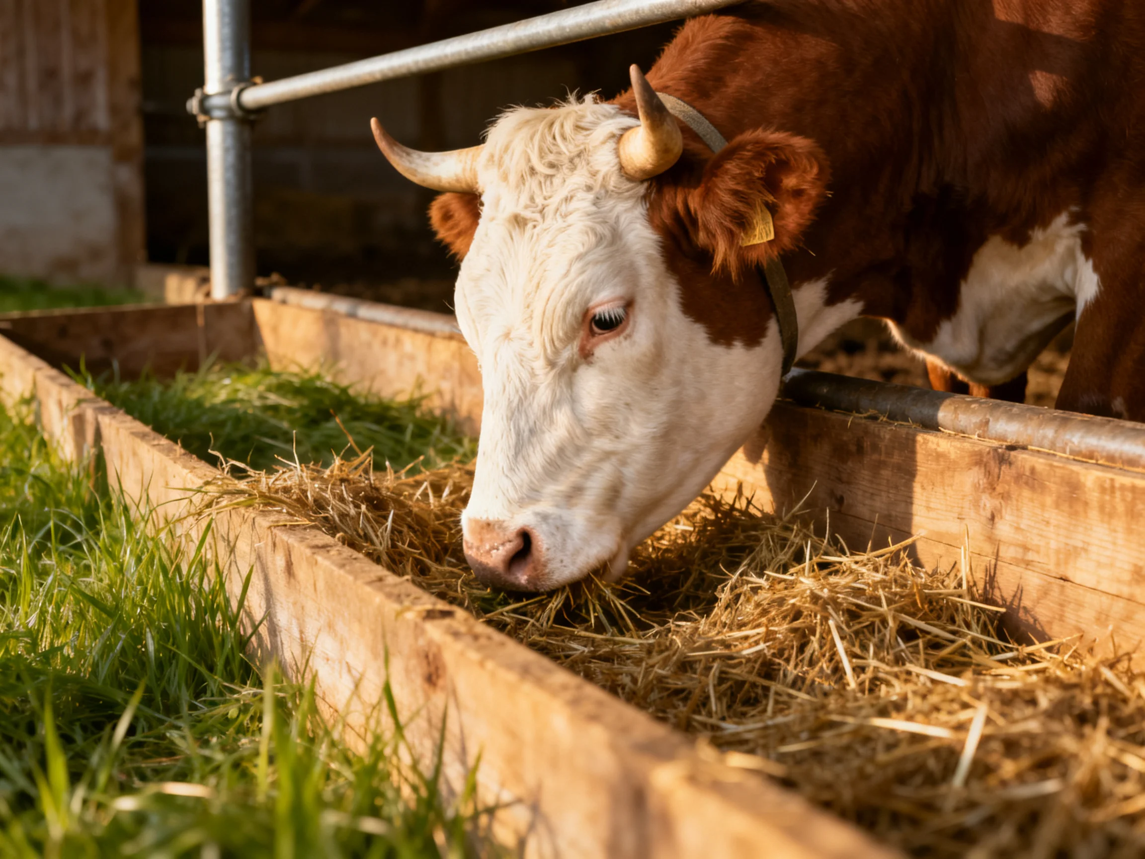 A brown and white cow feeds on hay in a wooden trough beside green grass