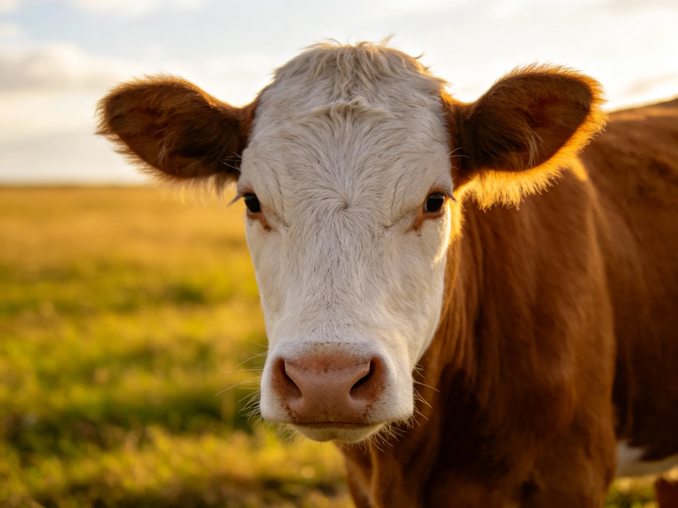 A brown-and-white cow gazes directly into the camera in a sunlit meadow