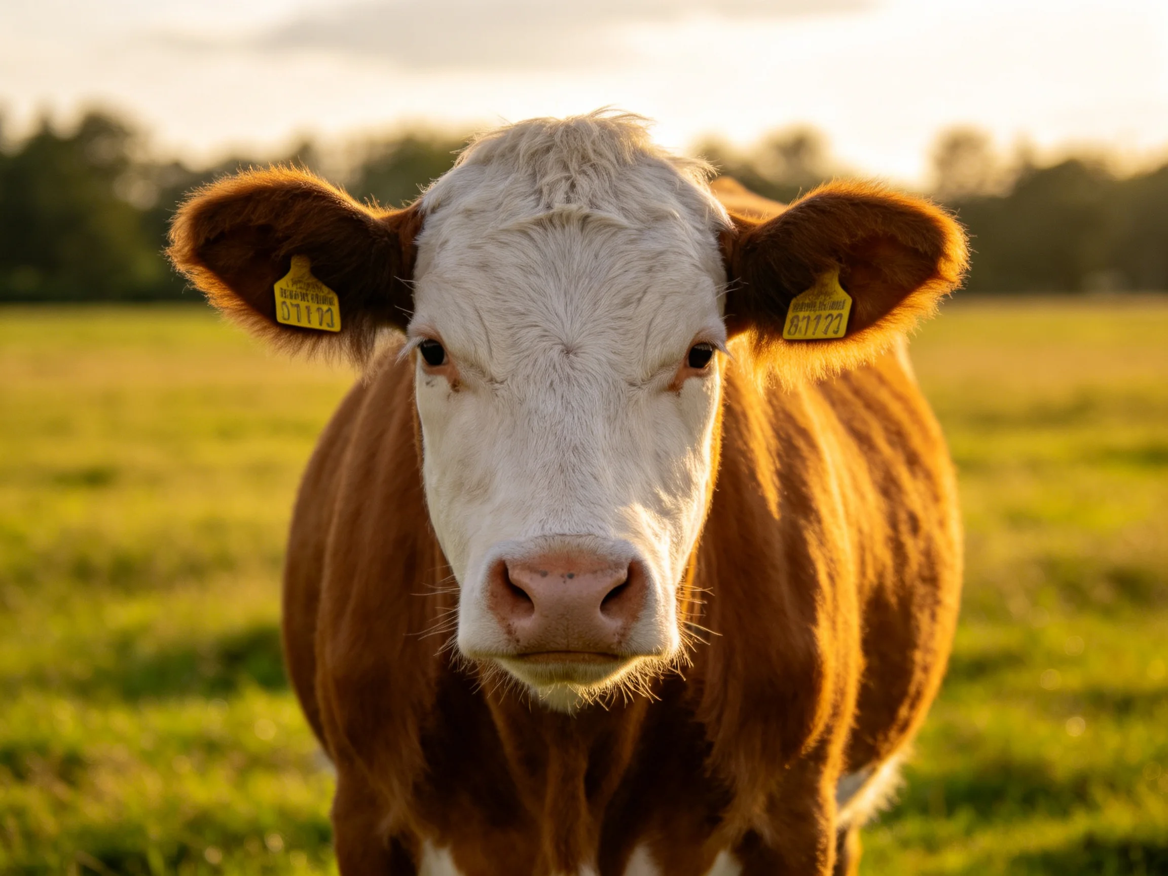 A brown and white cow gazes directly into the camera in a sunlit pasture