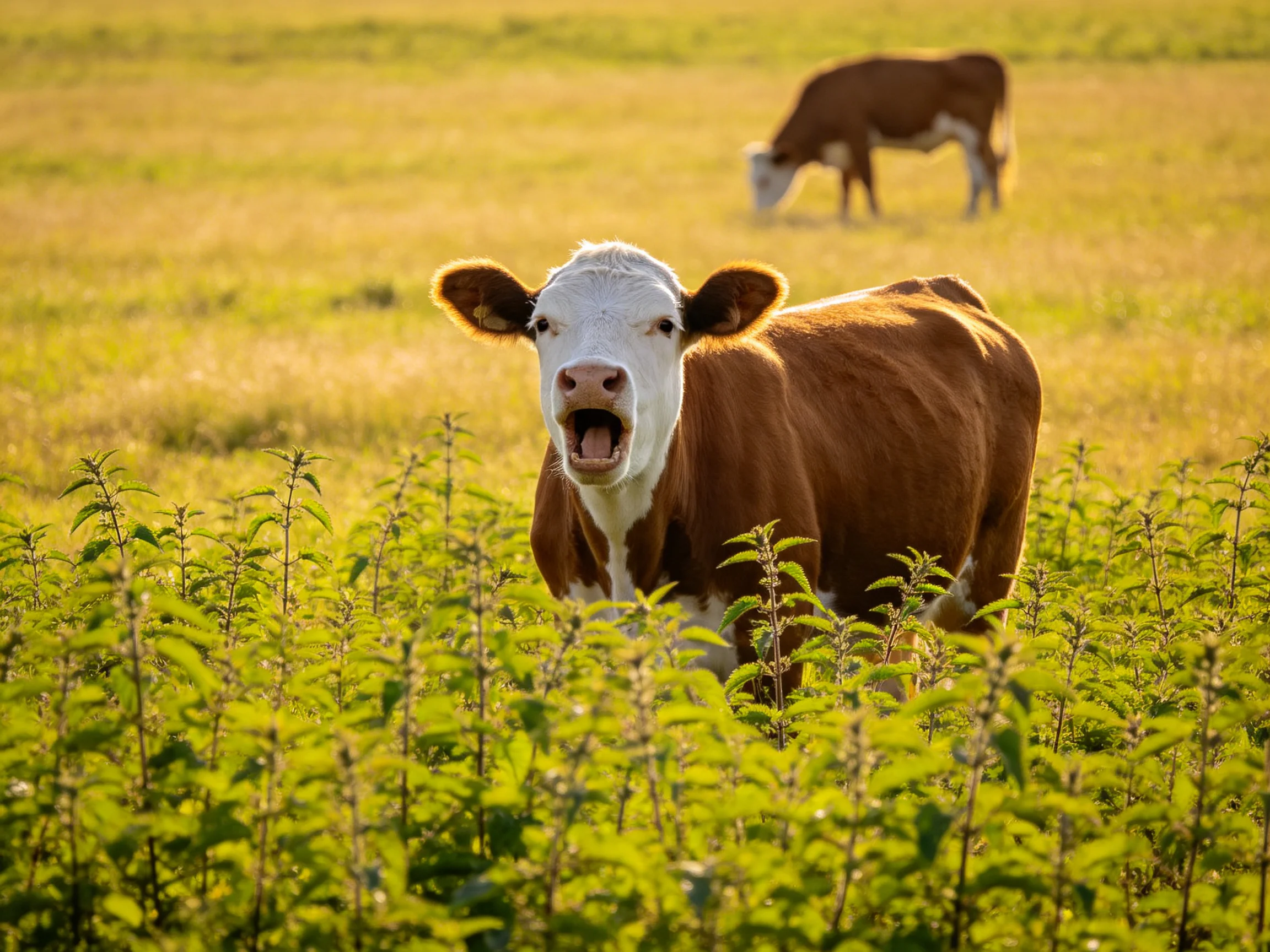A brown and white cow gazes forward while another grazes in a sunlit meadow