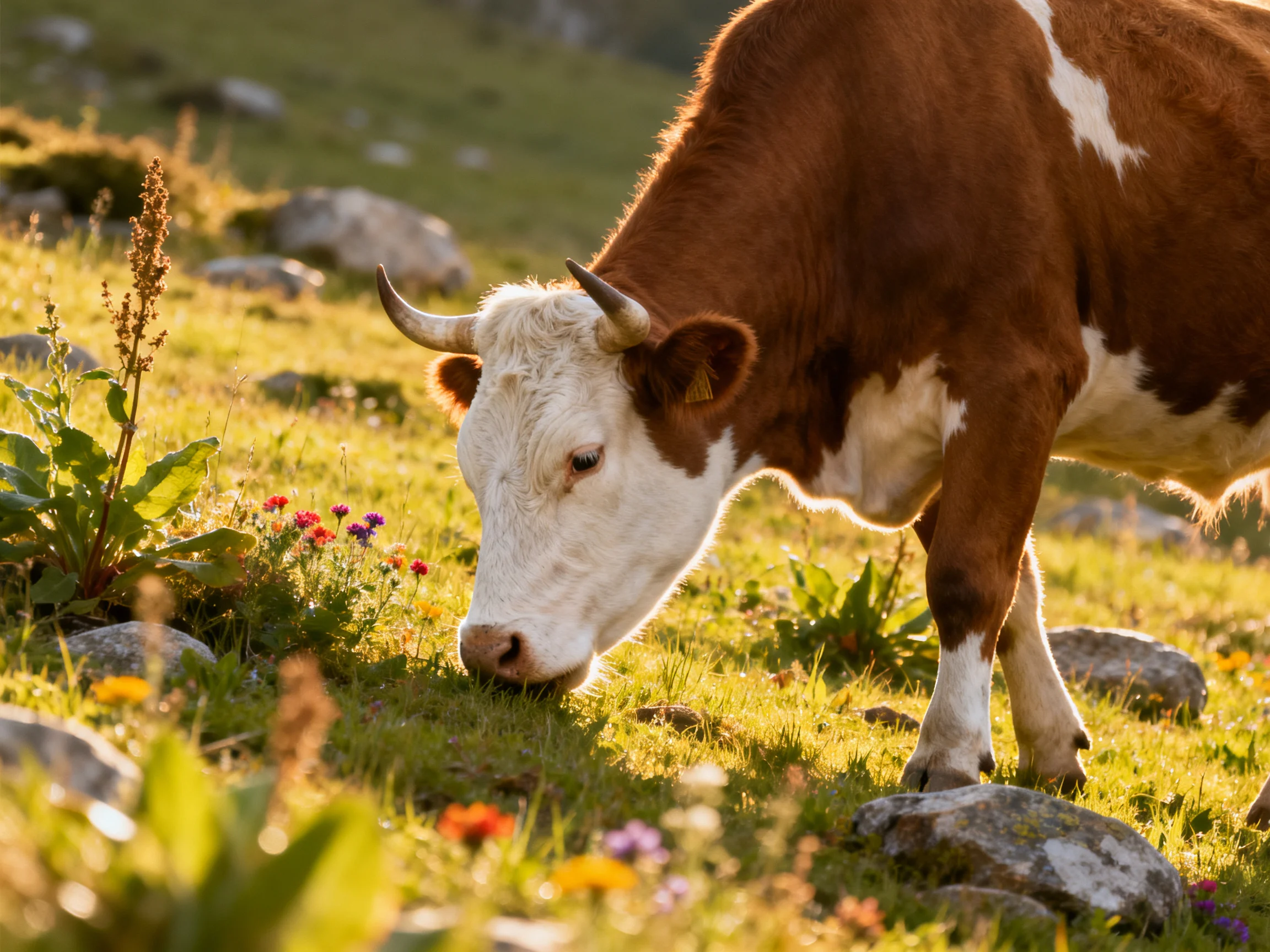 A brown-and-white cow grazes amid wildflowers and rocks in a sunlit meadow