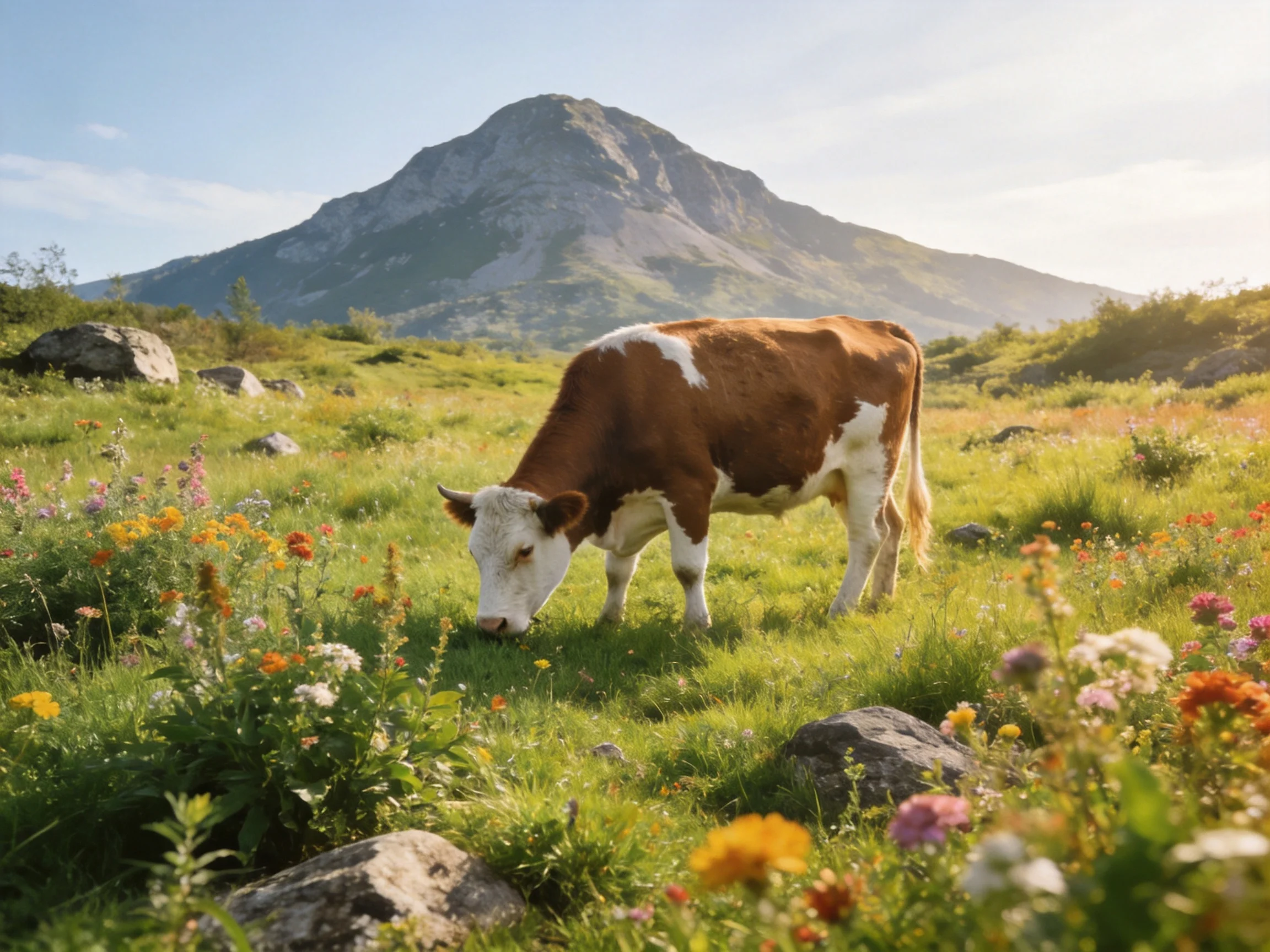A brown and white cow grazes in a colorful flower-filled meadow near a large mountain