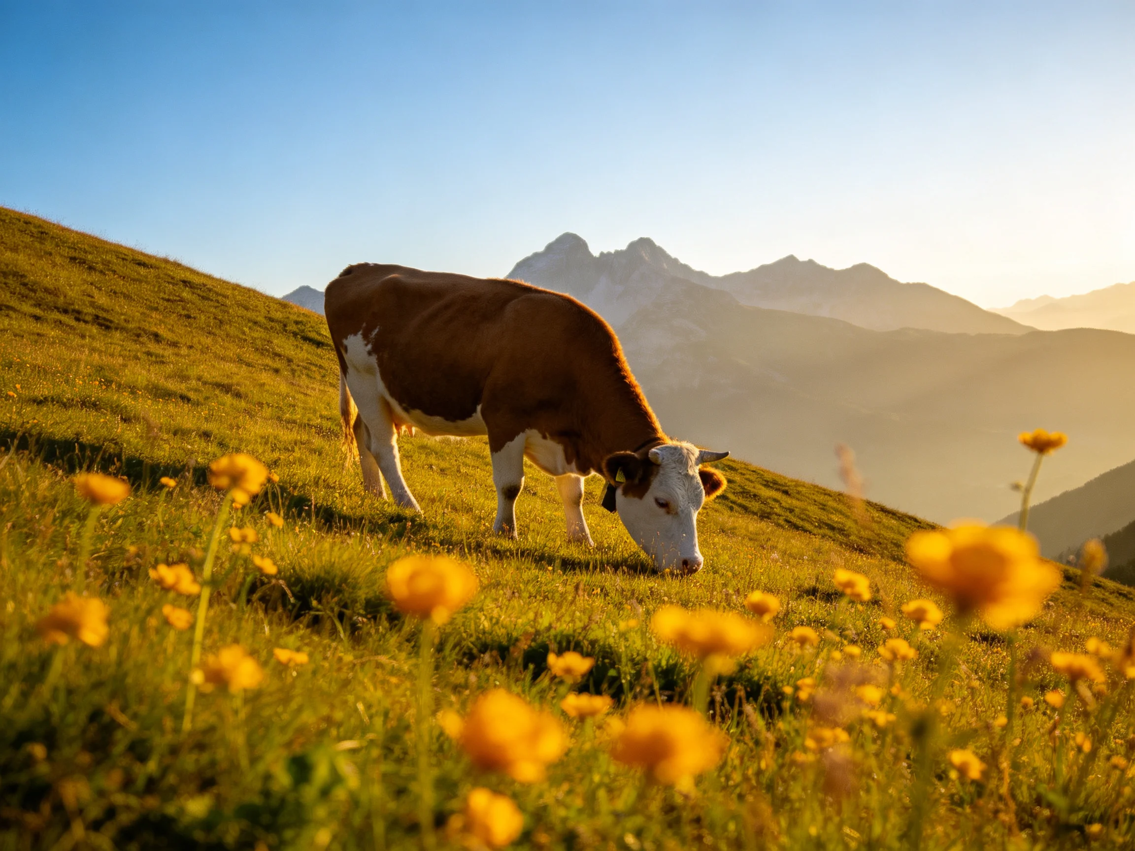 A brown-and-white cow grazes in a flower-filled meadow near misty mountains