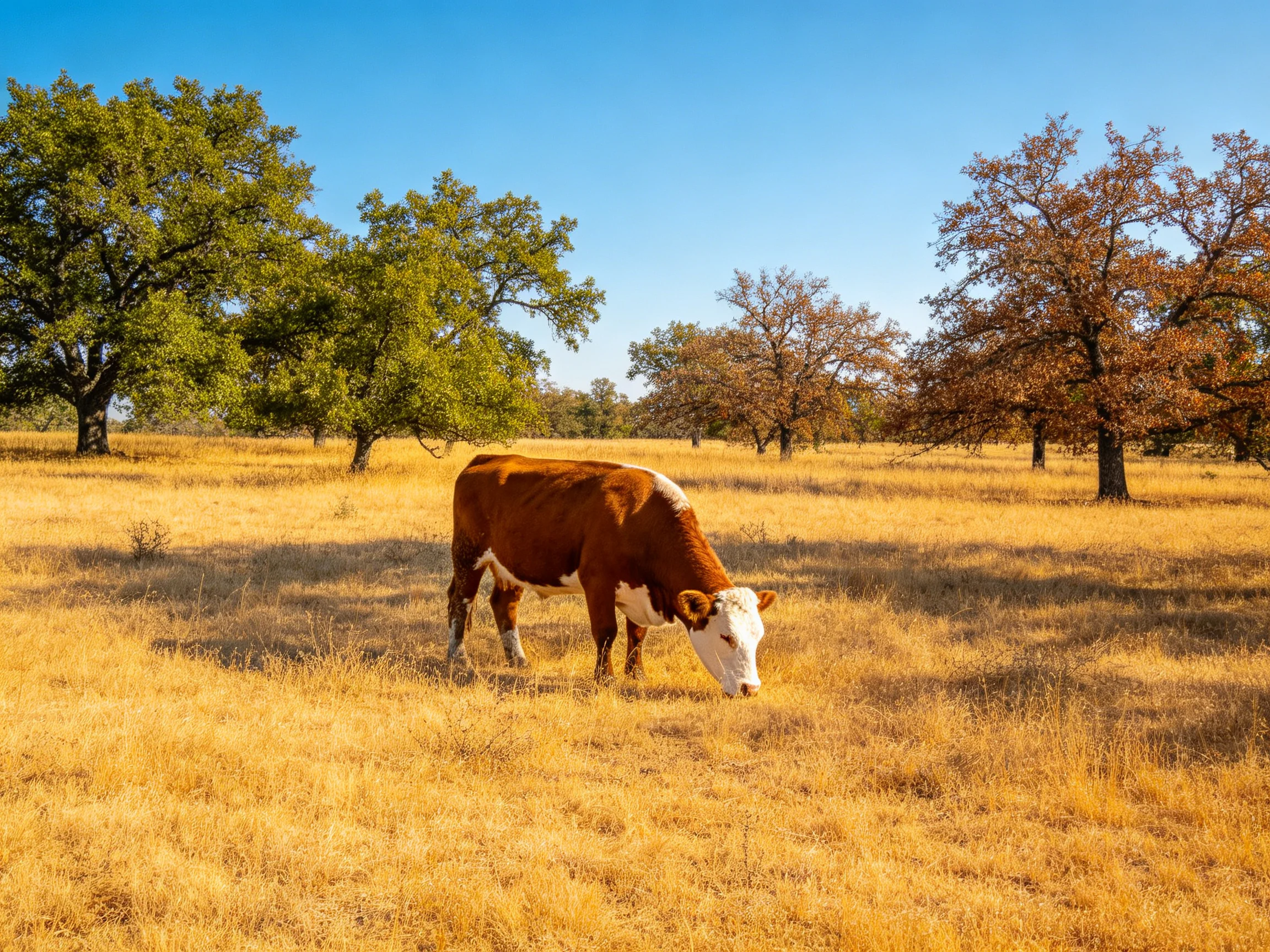 A brown and white cow grazes in a golden field with green and autumnal trees