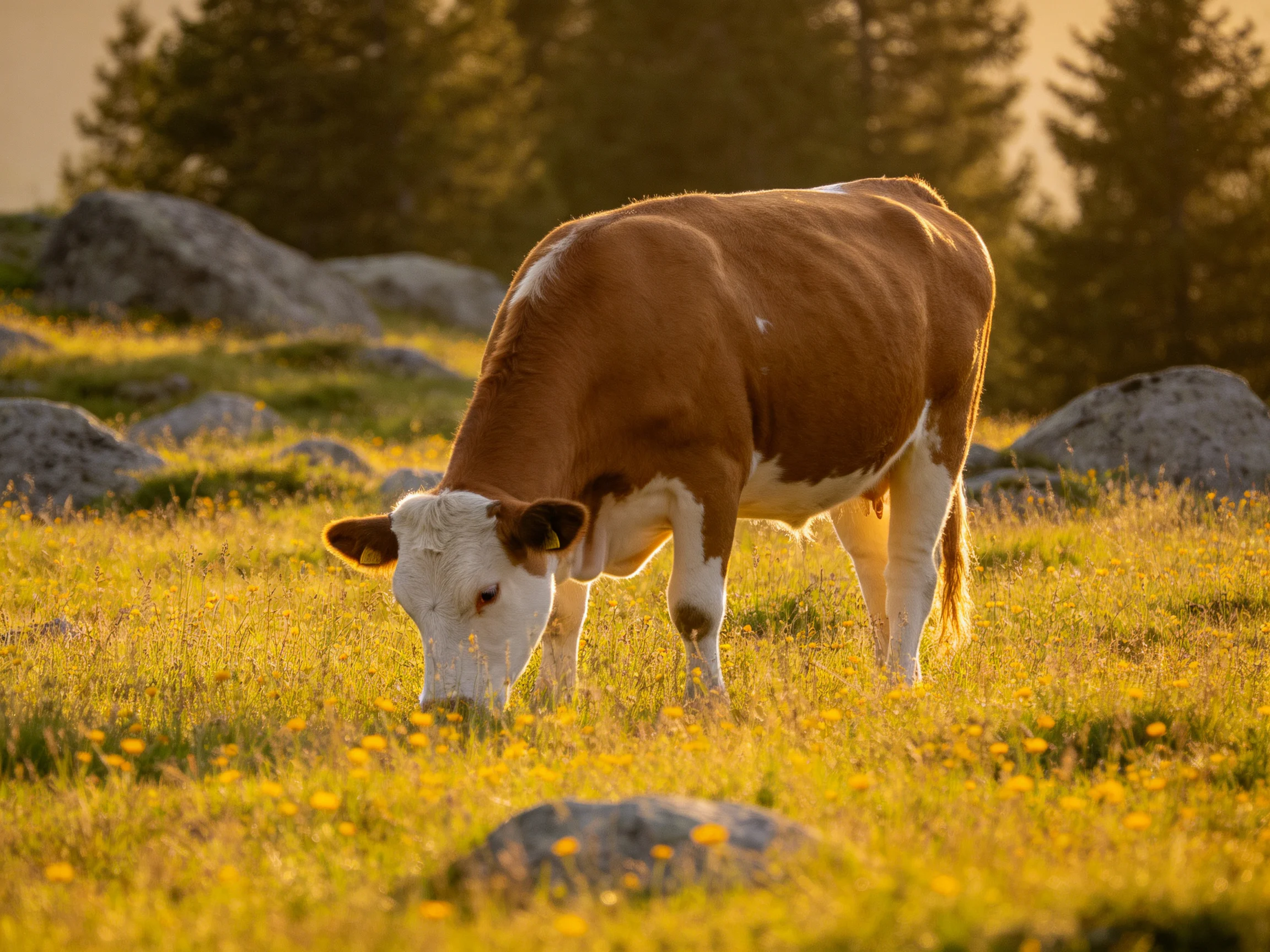 A brown and white cow grazes in a golden meadow with scattered rocks