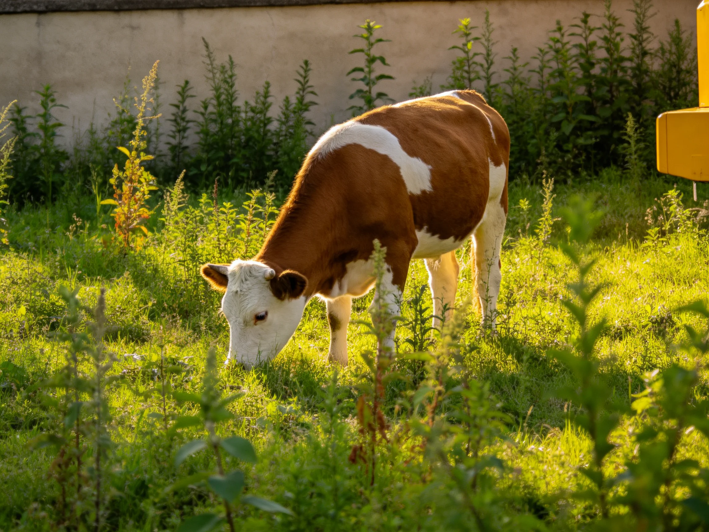 A brown and white cow grazes in a lush green meadow near a stone wall