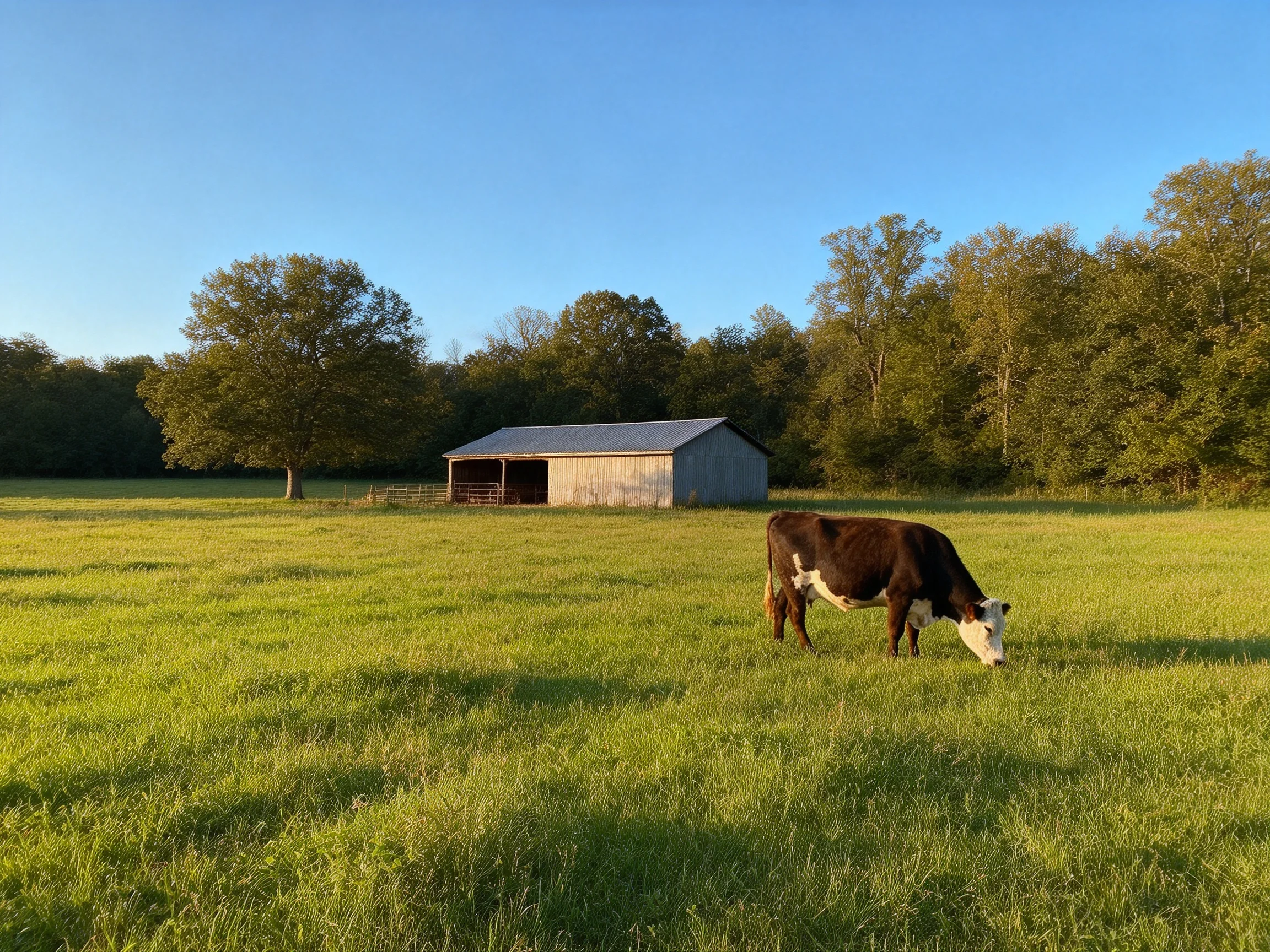 A brown-and-white cow grazes in a lush green pasture near a gray barn