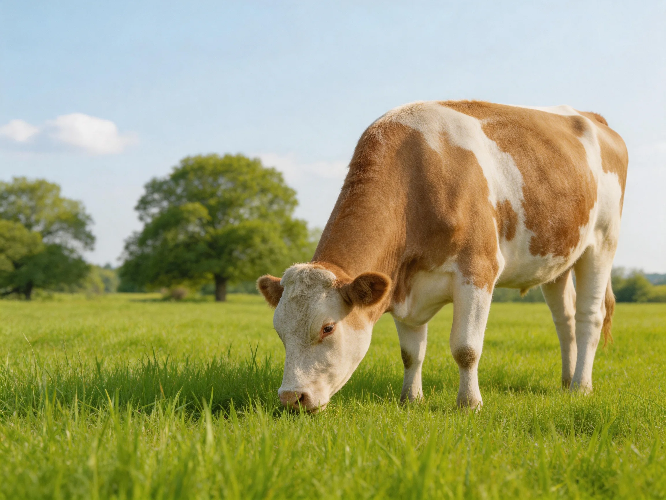 A brown and white cow grazes in a lush green pasture with distant trees