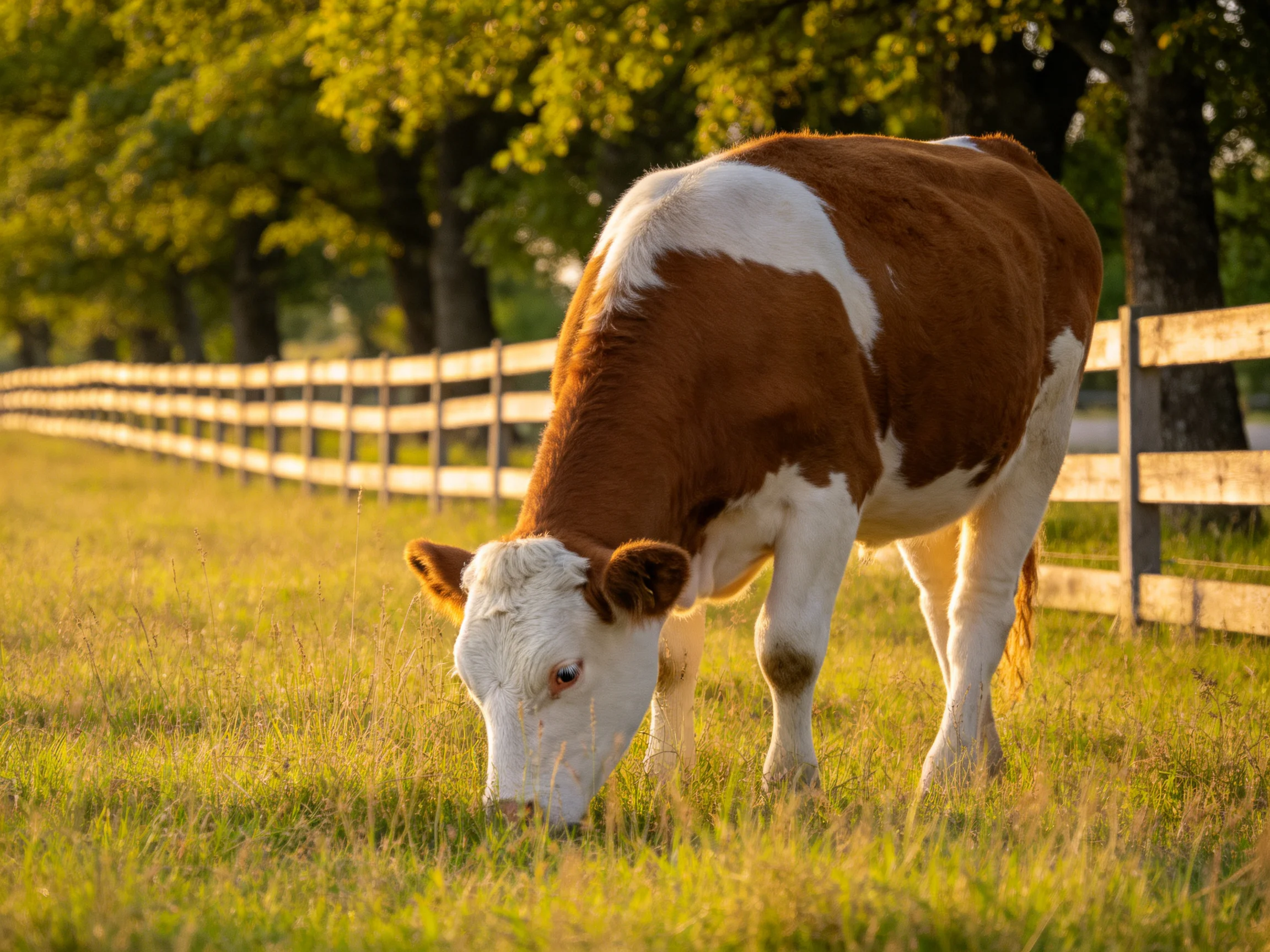 A brown and white cow grazes in a sunlit fenced pasture