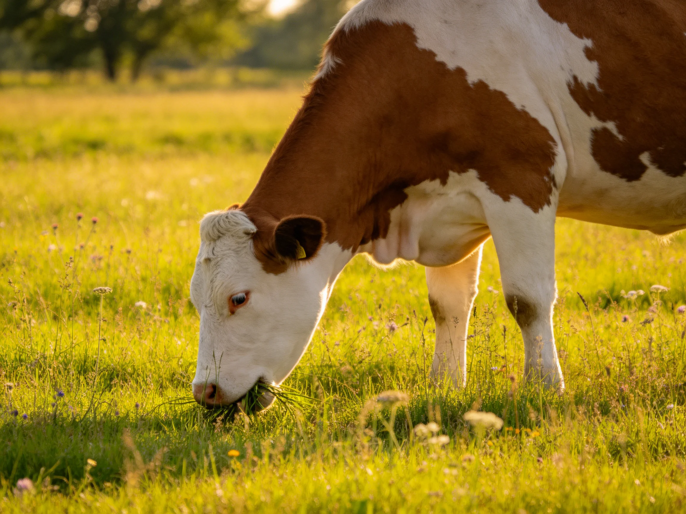 A brown and white cow grazes in a sunlit, flower-speckled meadow