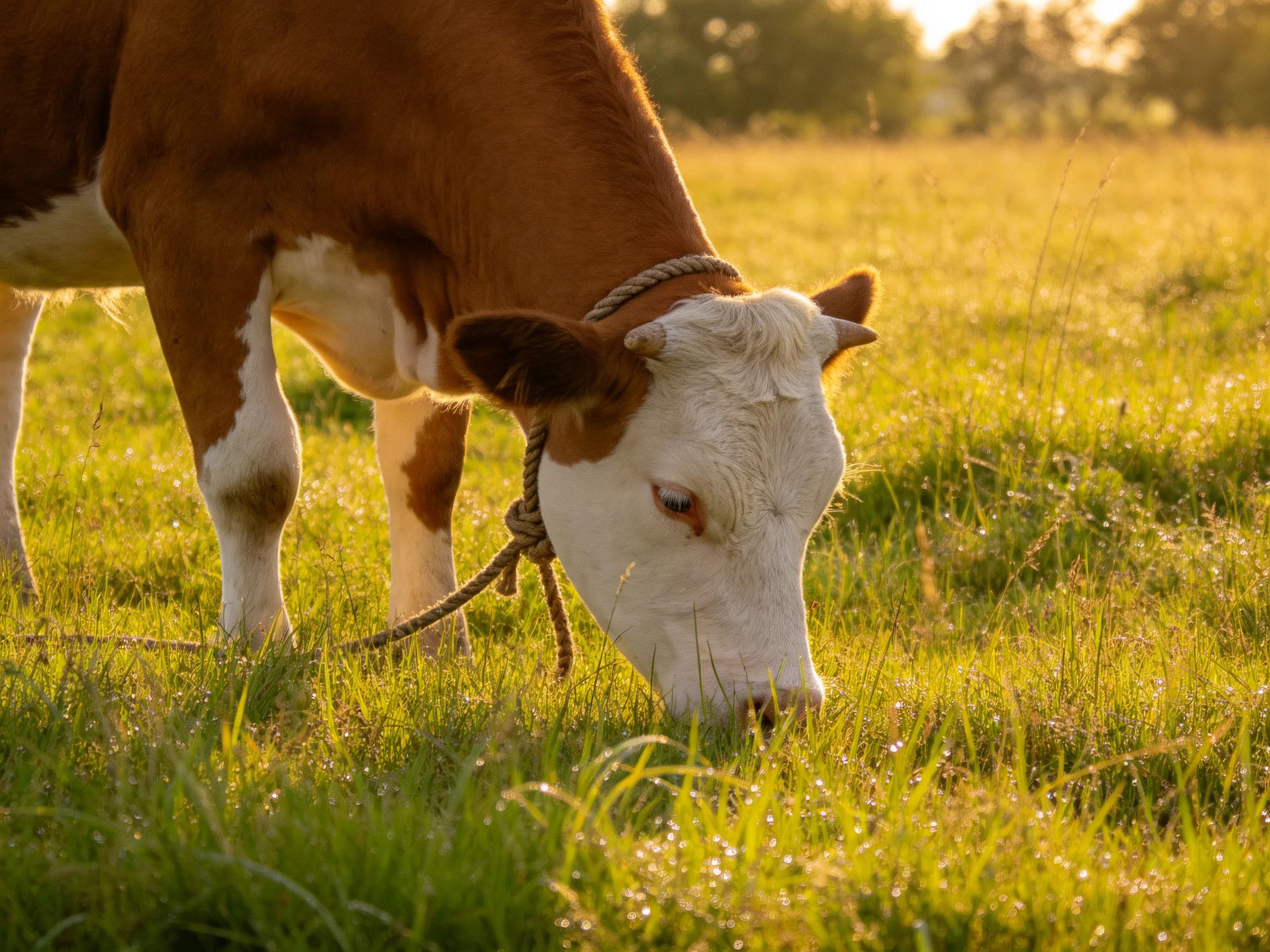 A brown and white cow grazes in a sunlit golden-green pasture