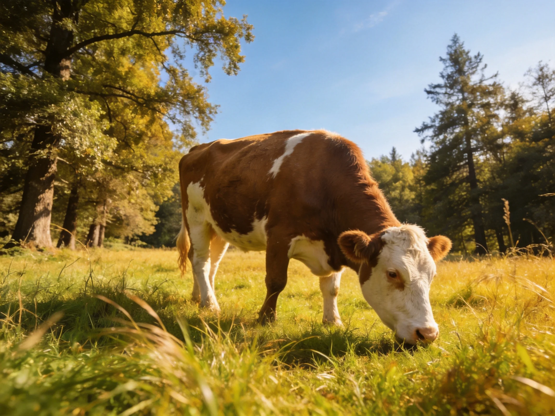 A brown and white cow grazes in a sunlit grassy meadow near tall trees