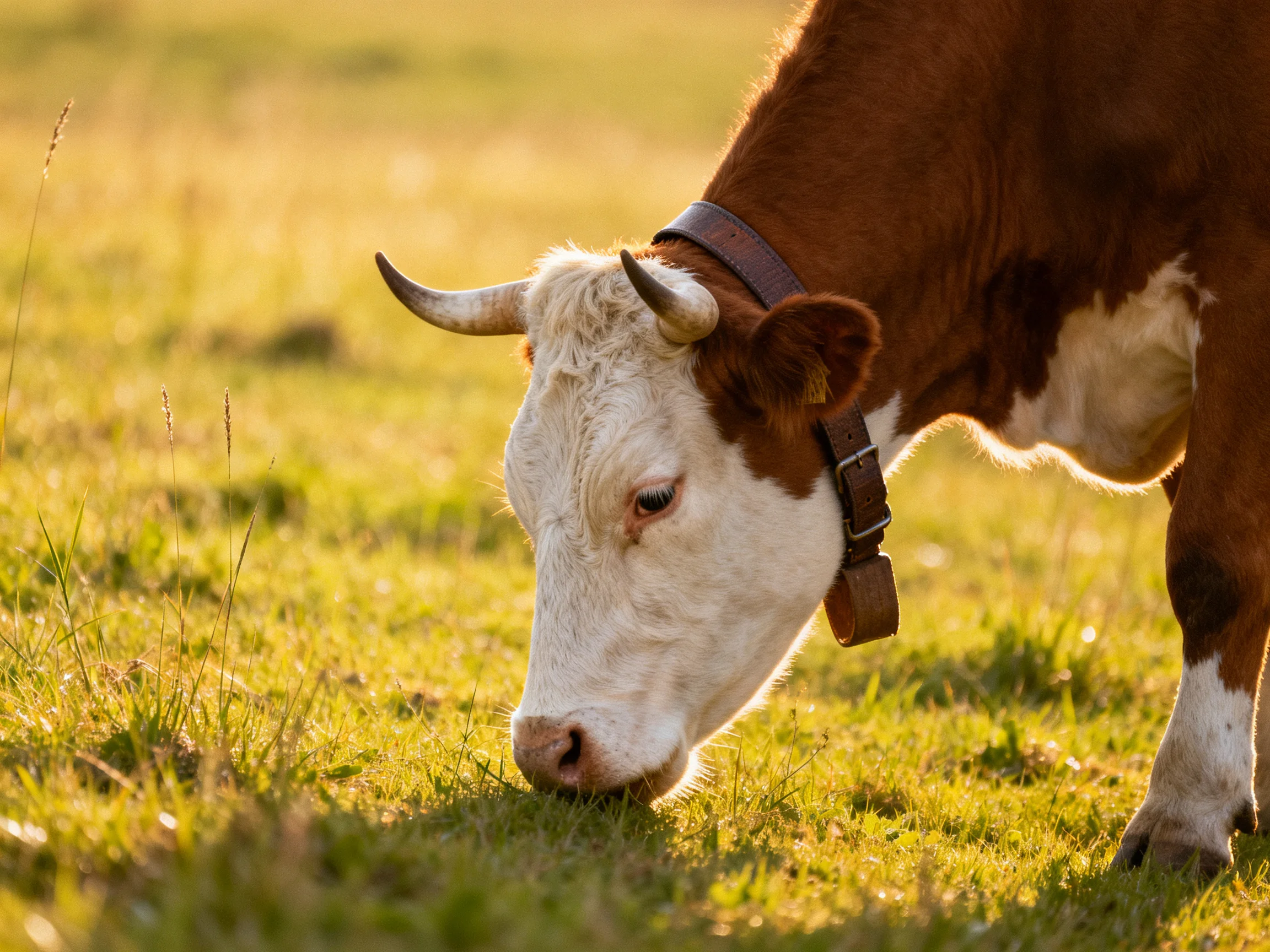 A brown and white cow grazes in a sunlit green pasture
