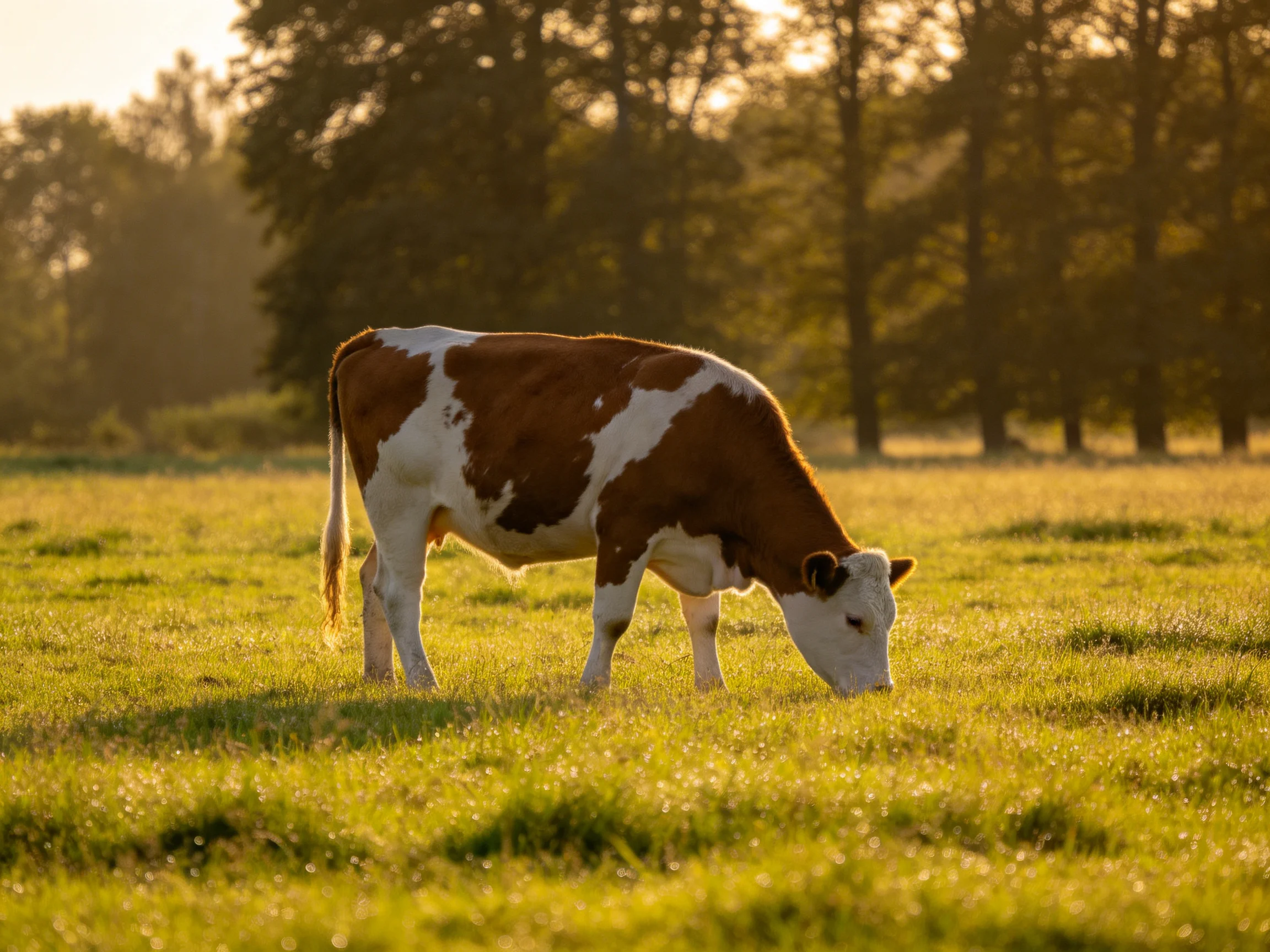 A brown and white cow grazes in a sunlit green pasture