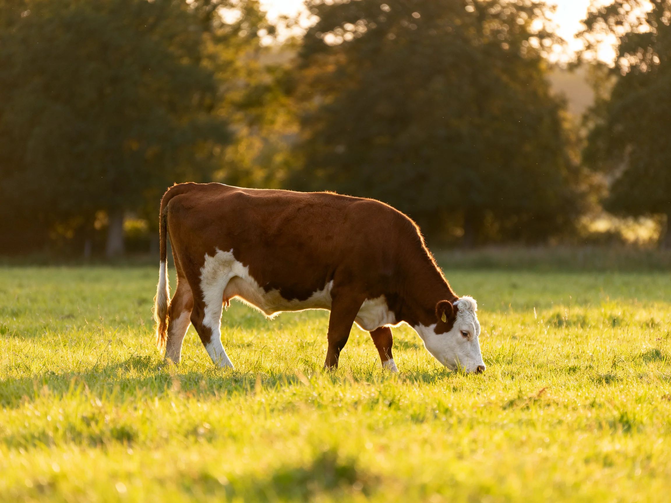 A brown and white cow grazes in a sunlit green pasture near tall trees