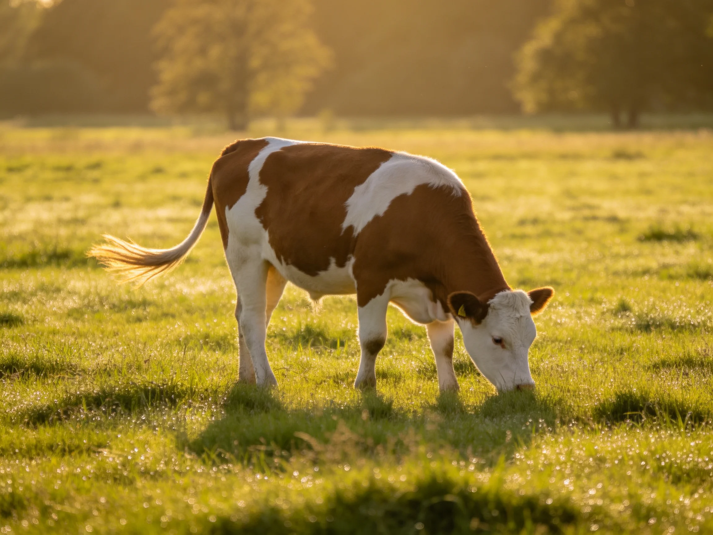 A brown and white cow grazes in a sunlit green pasture
