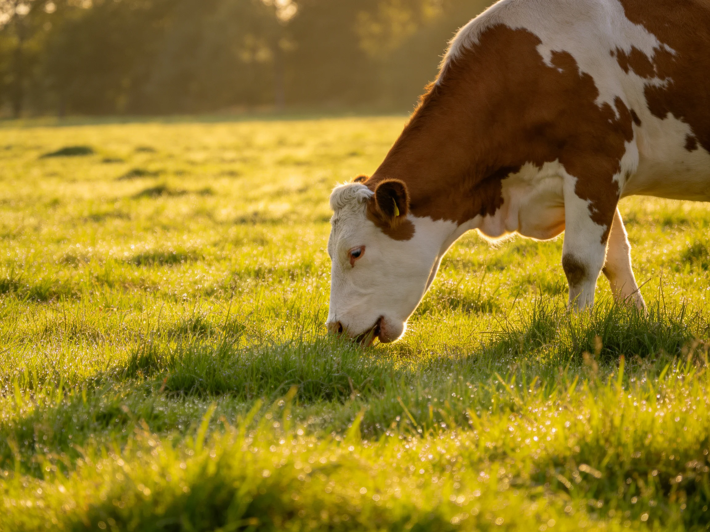 A brown and white cow grazes in a sunlit green pasture