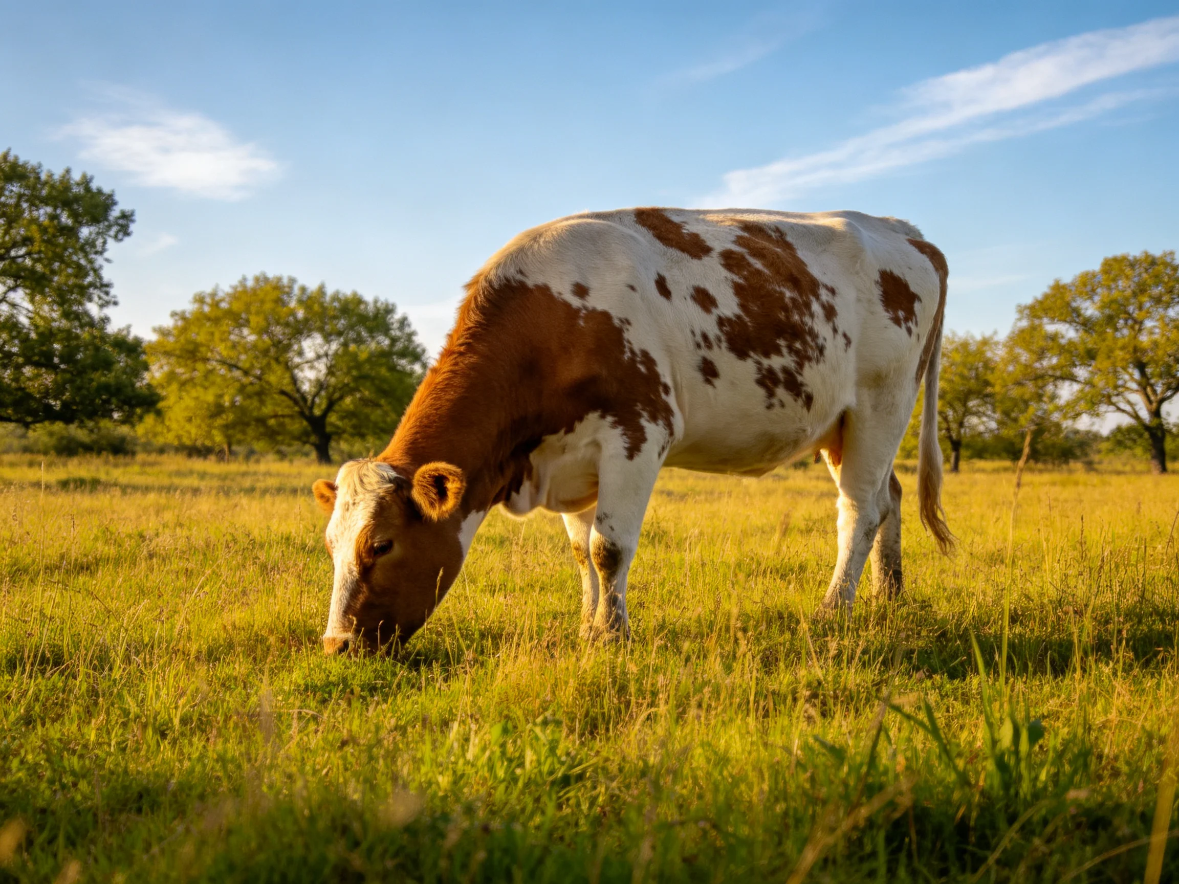 A brown and white cow grazes in a sunlit green pasture