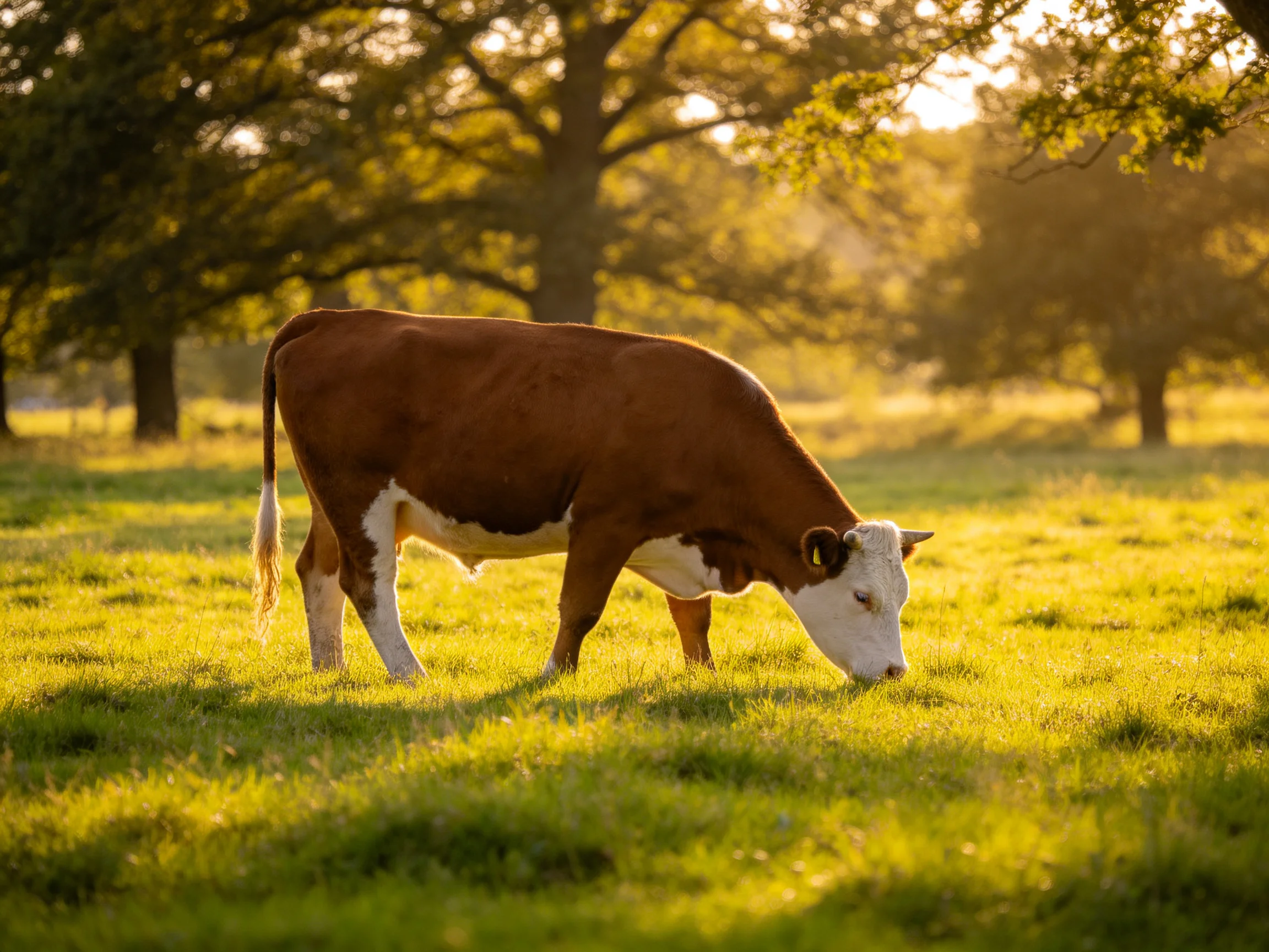 A brown and white cow grazes in a sunlit green pasture with trees