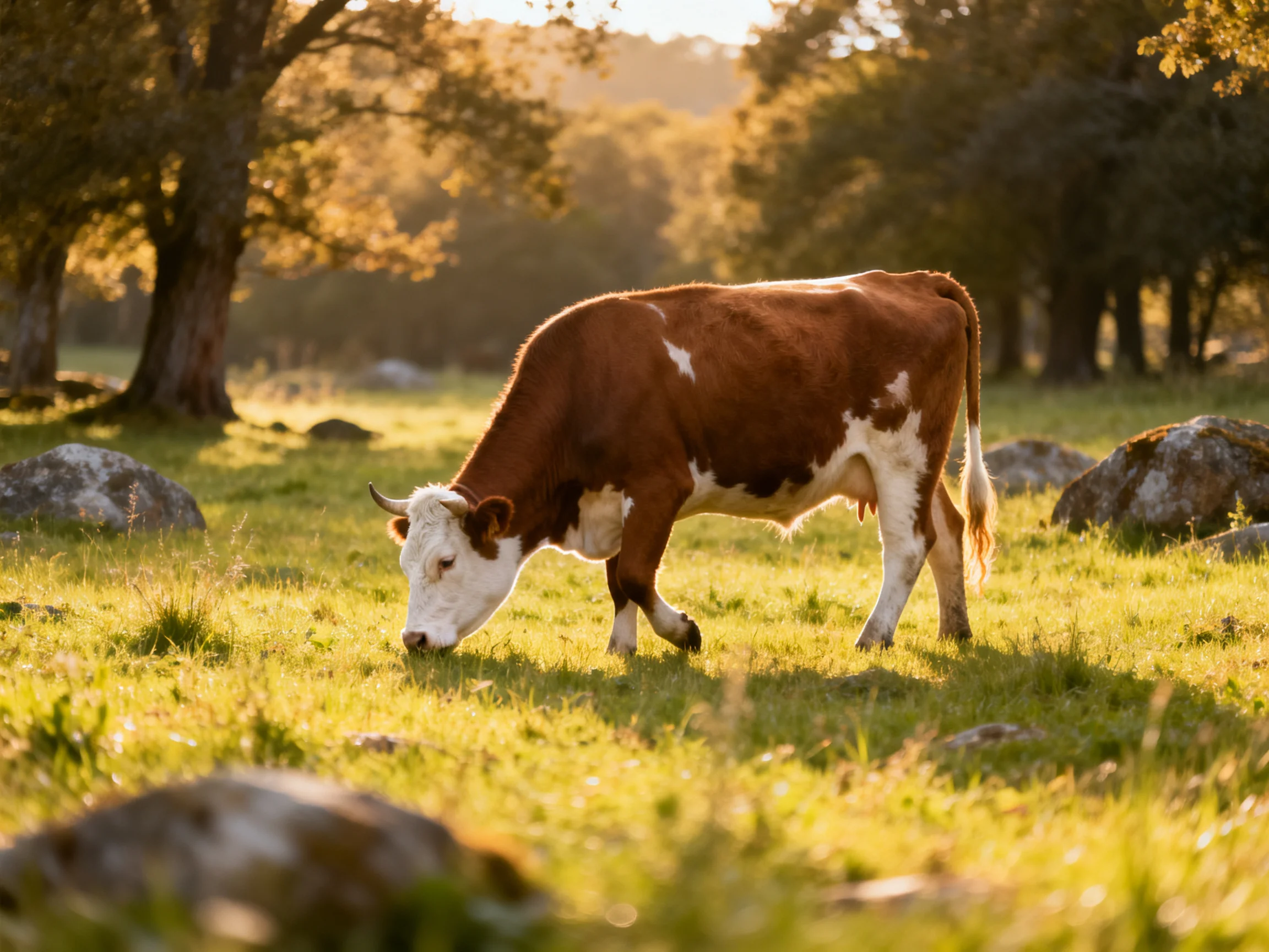 A brown and white cow grazes in a sunlit meadow with scattered rocks and trees