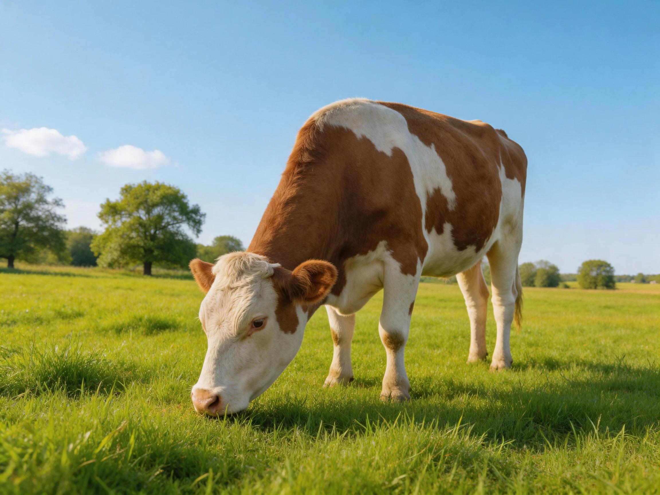 A brown-and-white cow grazes peacefully in a sunlit pasture.
